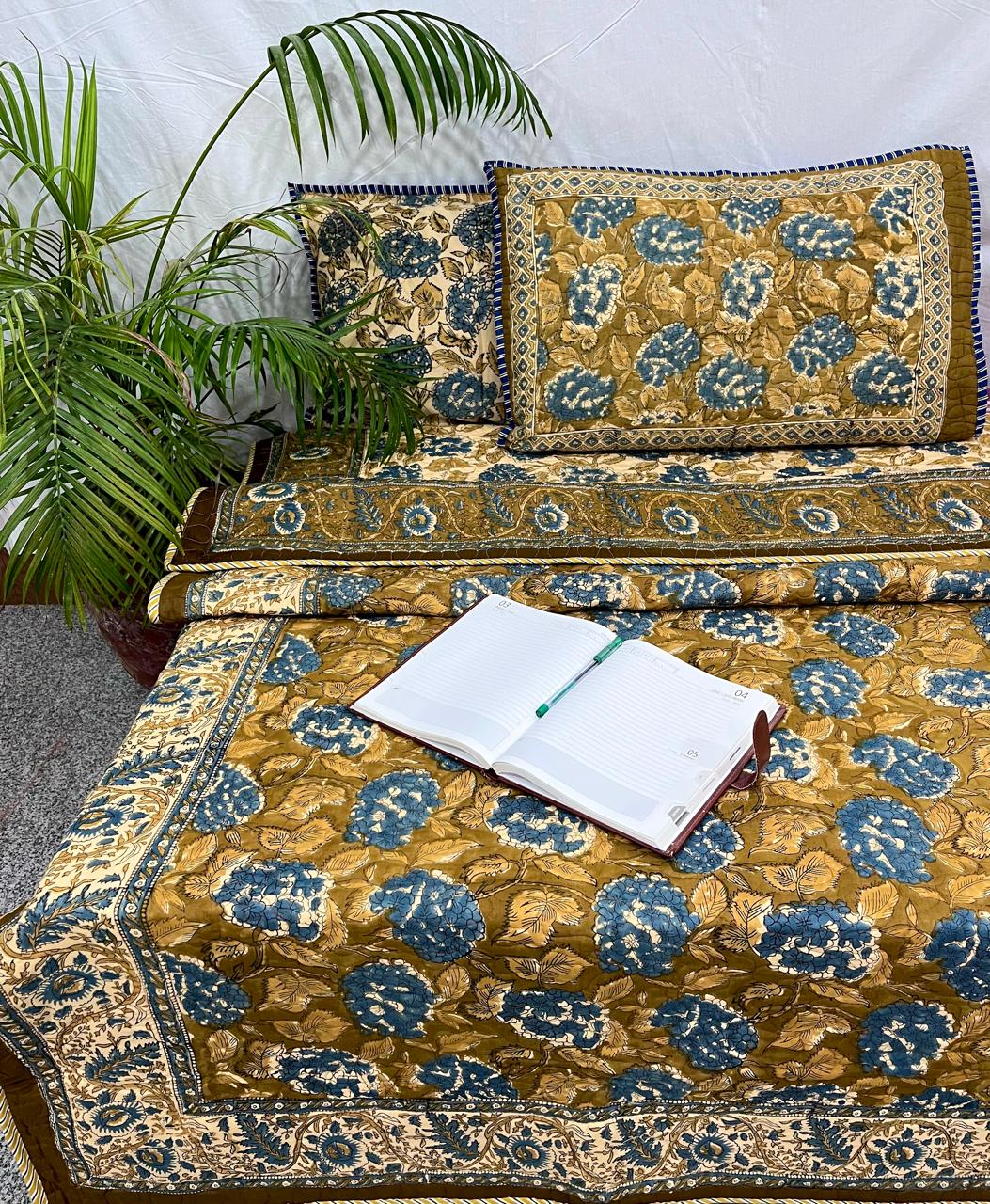 Indigo Saffron Garden Comforter (Hand Block) - 90*108