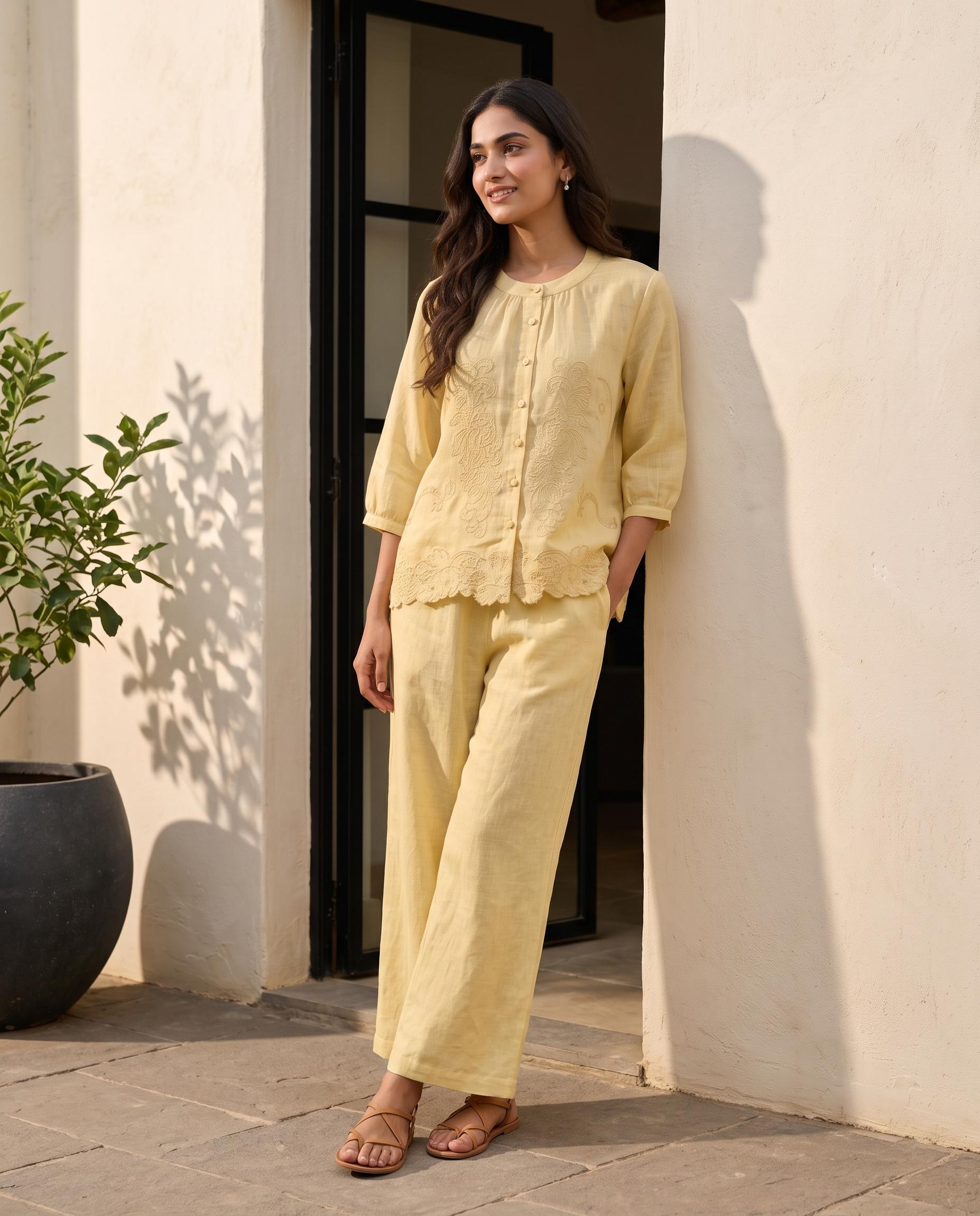 Buttercream Floral Embroidered European Linen Top - Butter Yellow