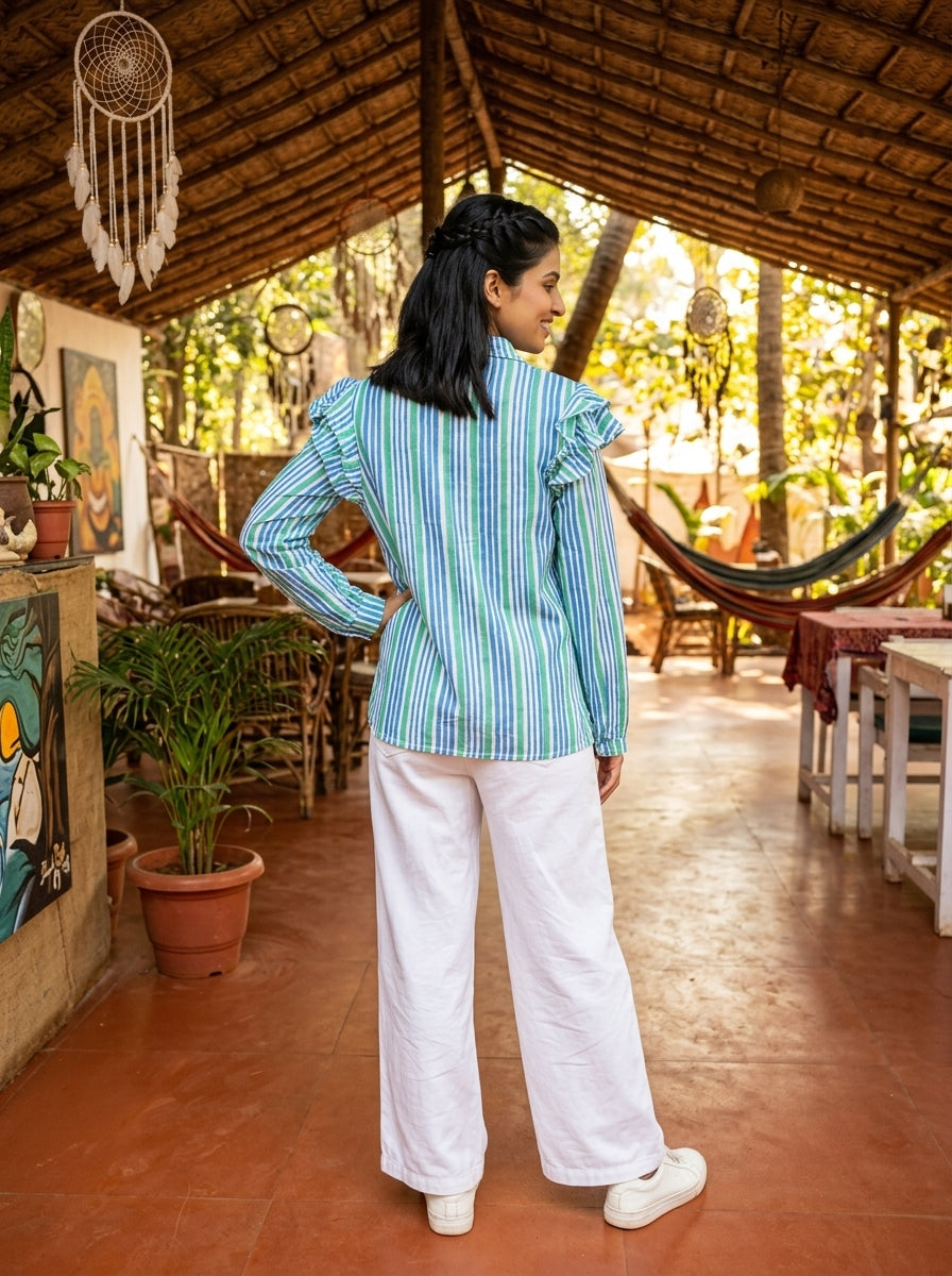 FRILL BLUE/GREEN FINE COTTON TOP (HANDPRINTED)