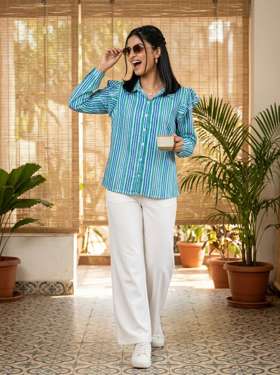 FRILL BLUE/GREEN FINE COTTON TOP (HANDPRINTED)
