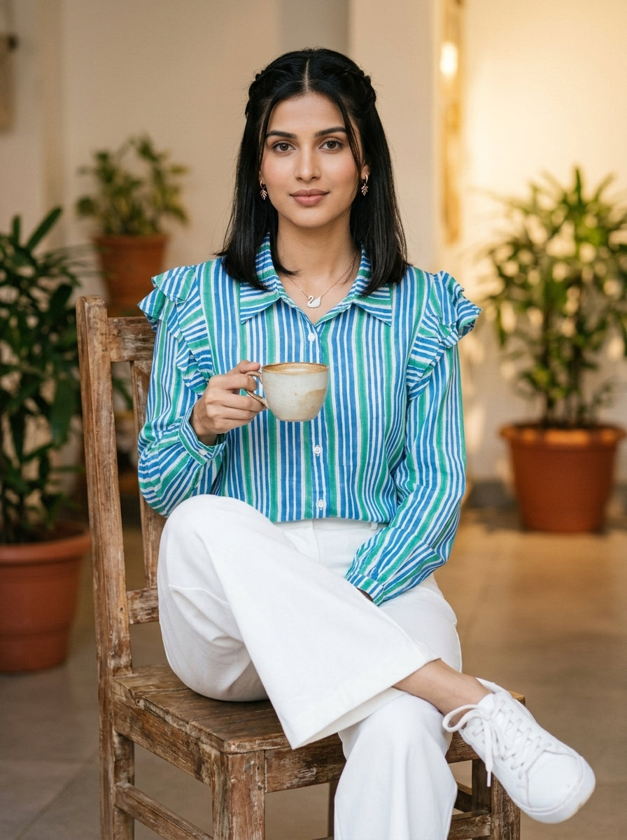 FRILL BLUE/GREEN FINE COTTON TOP (HANDPRINTED)