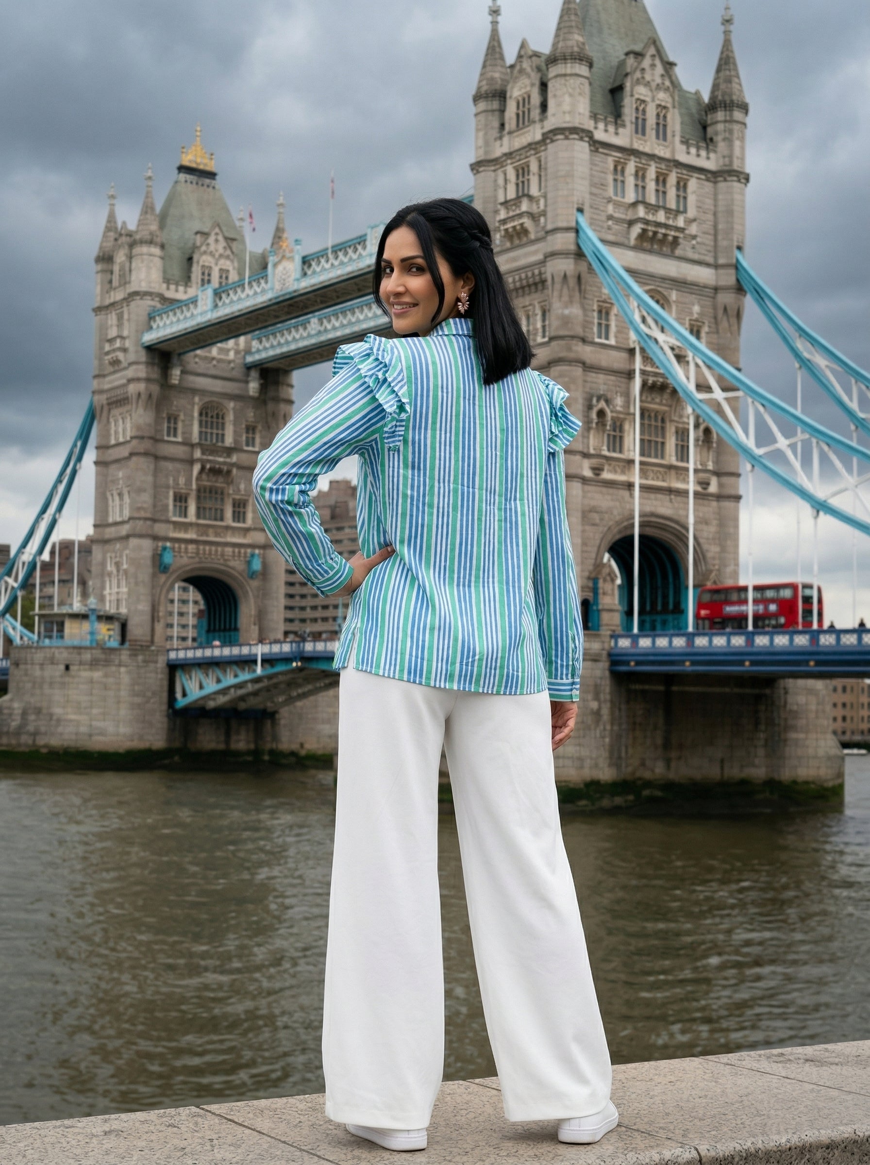 FRILL BLUE/GREEN FINE COTTON TOP (HANDPRINTED)