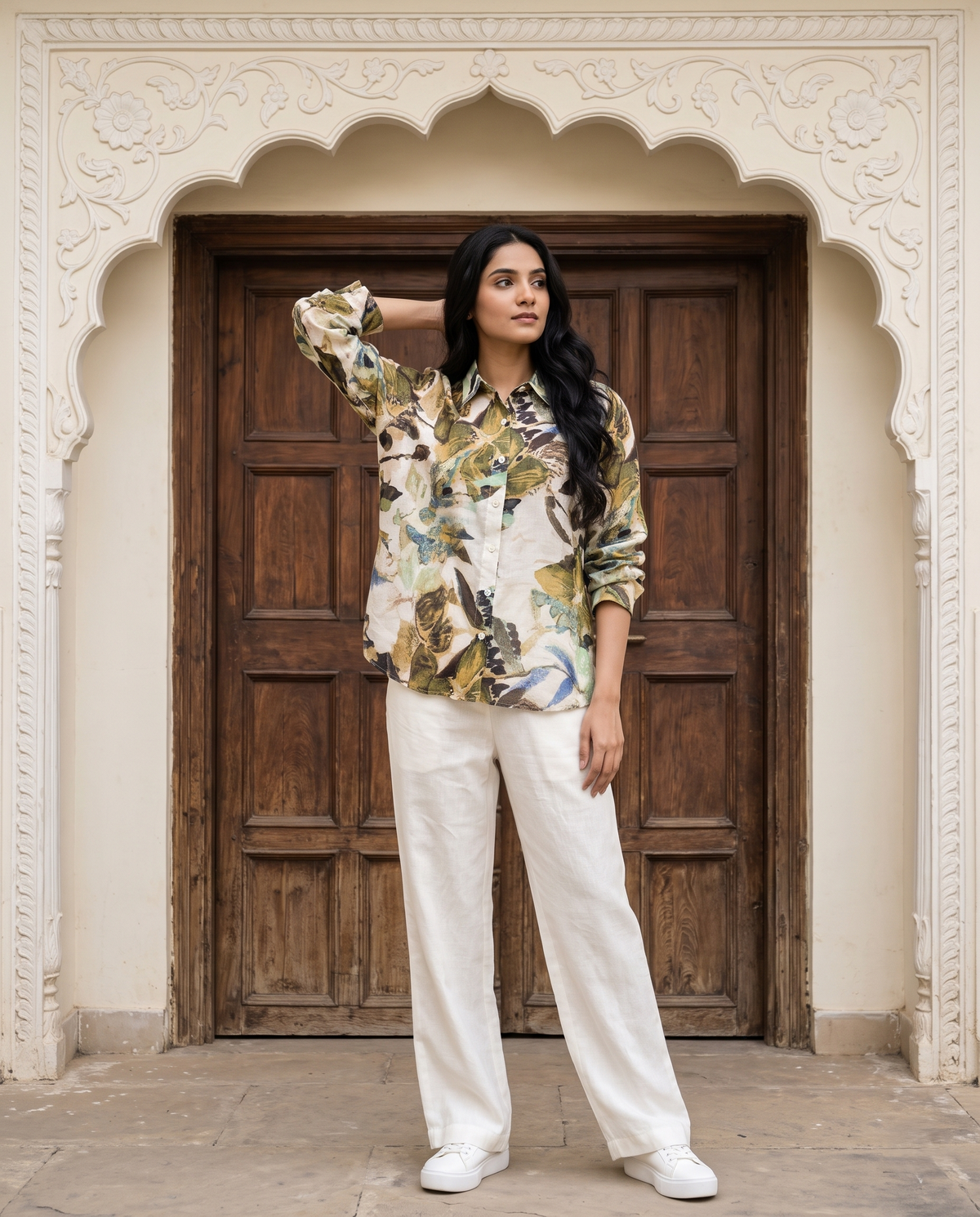 Bamboo Silk 150 GM Olive Earth Abstract Botanical Shirt