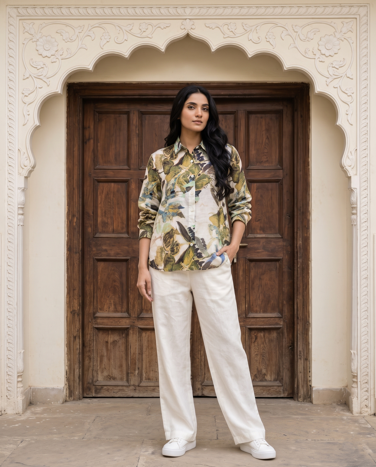Bamboo Silk 150 GM Olive Earth Abstract Botanical Shirt