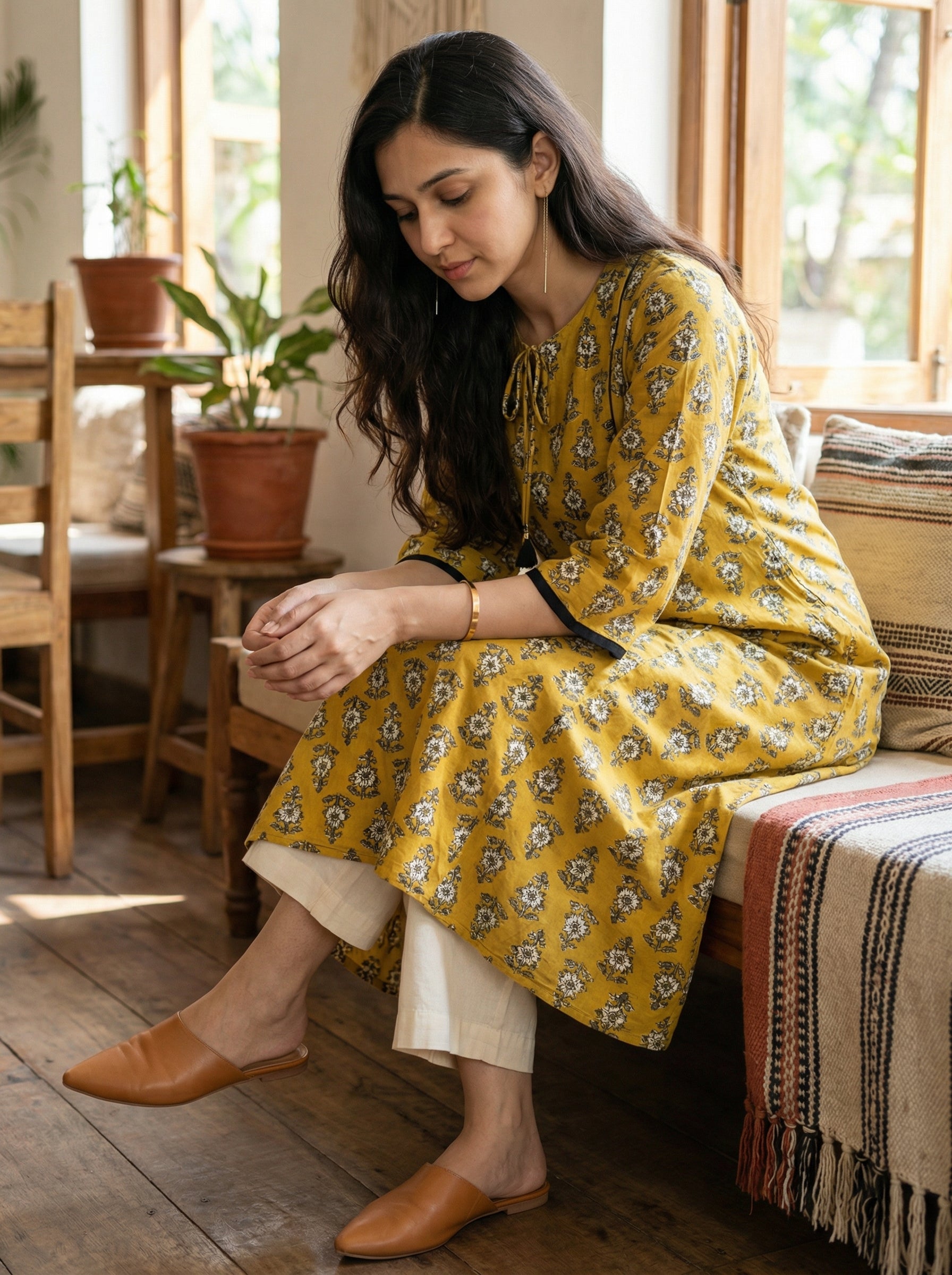 Jazz Waves Cotton Sand Yellow/Green Yoke Kurta
