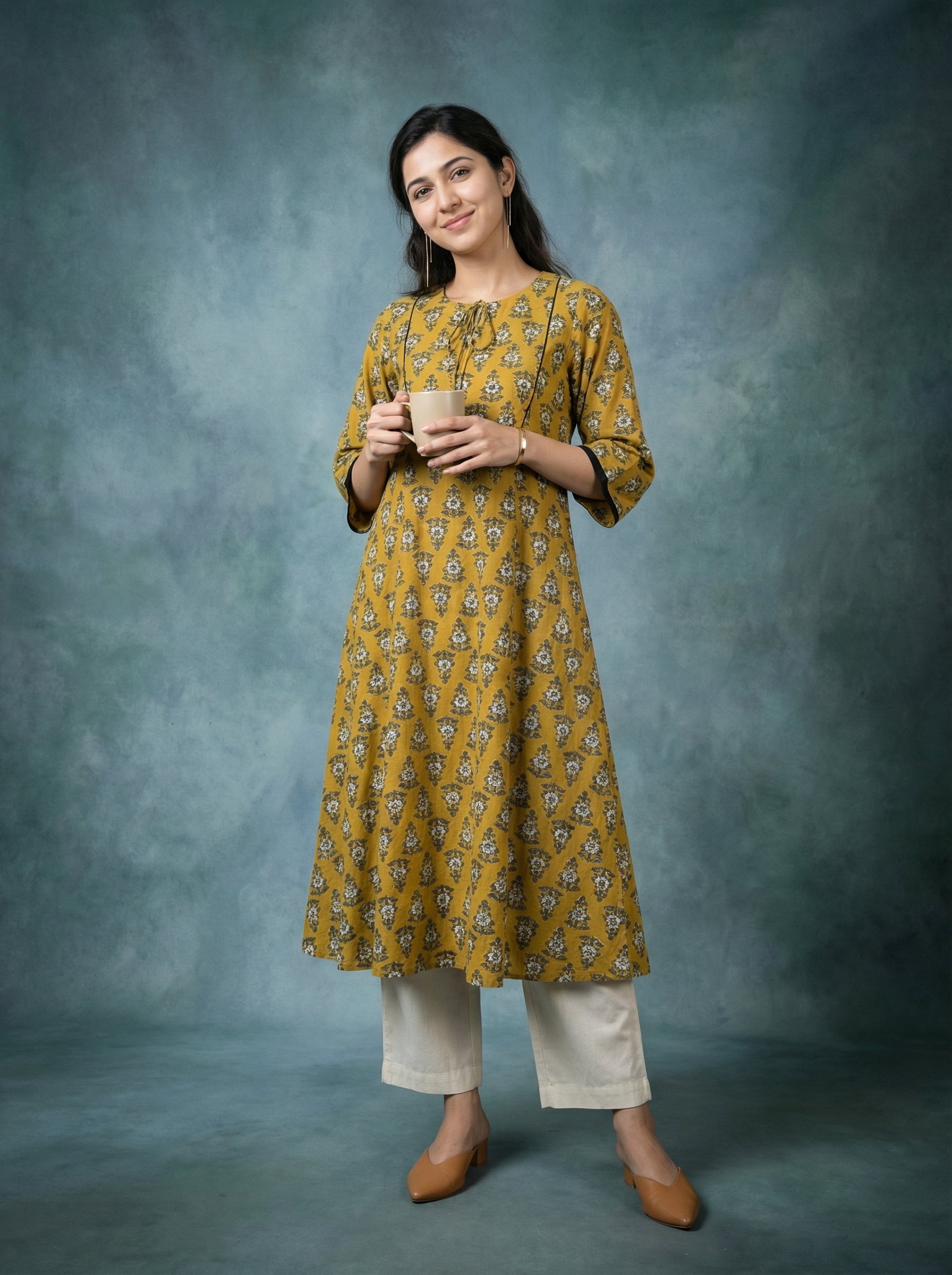 Jazz Waves Cotton Sand Yellow/Green Yoke Kurta