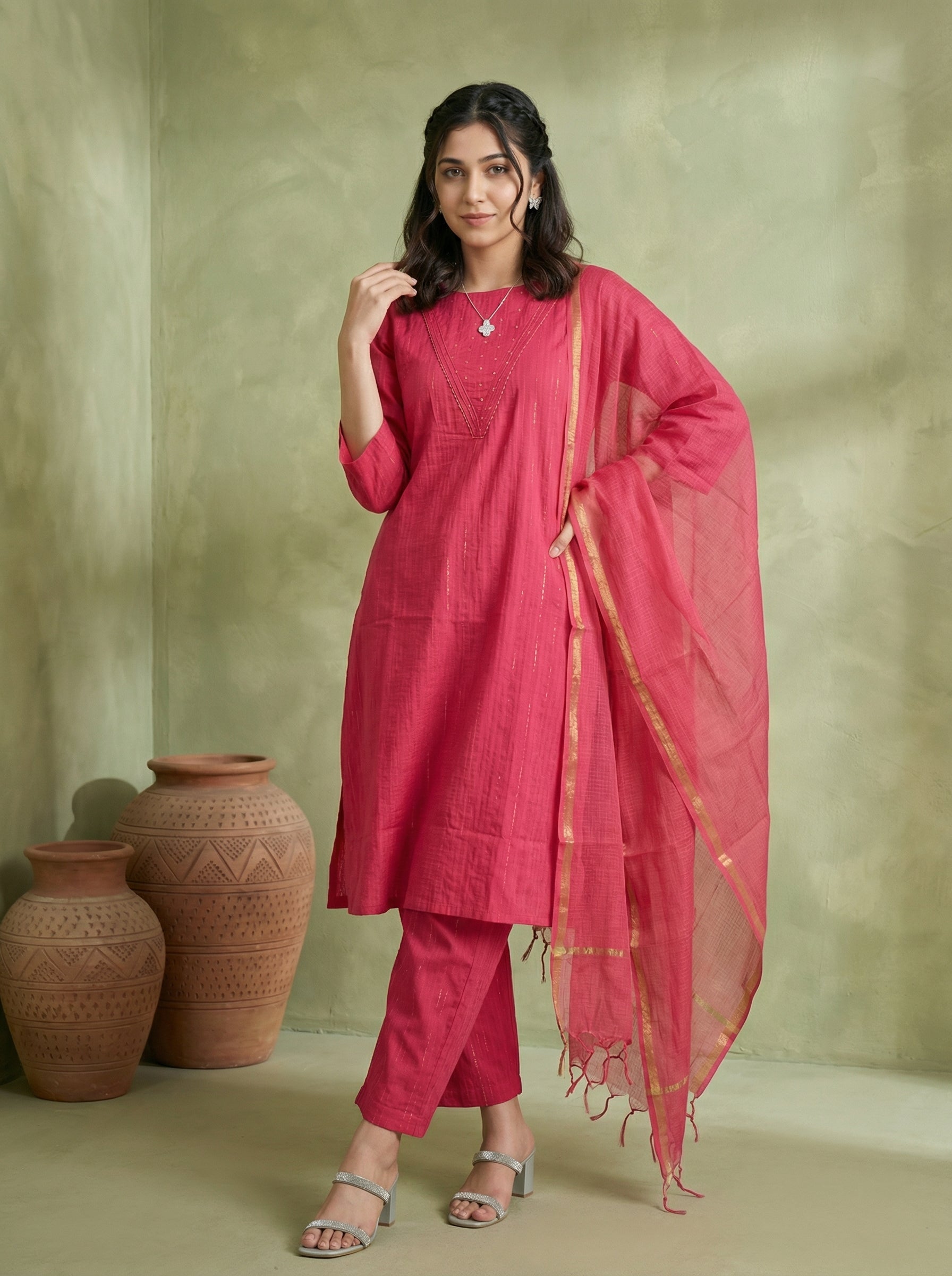 DORIA LUREX PINK CHIC KPD SET WITH KOTA DUPATTA