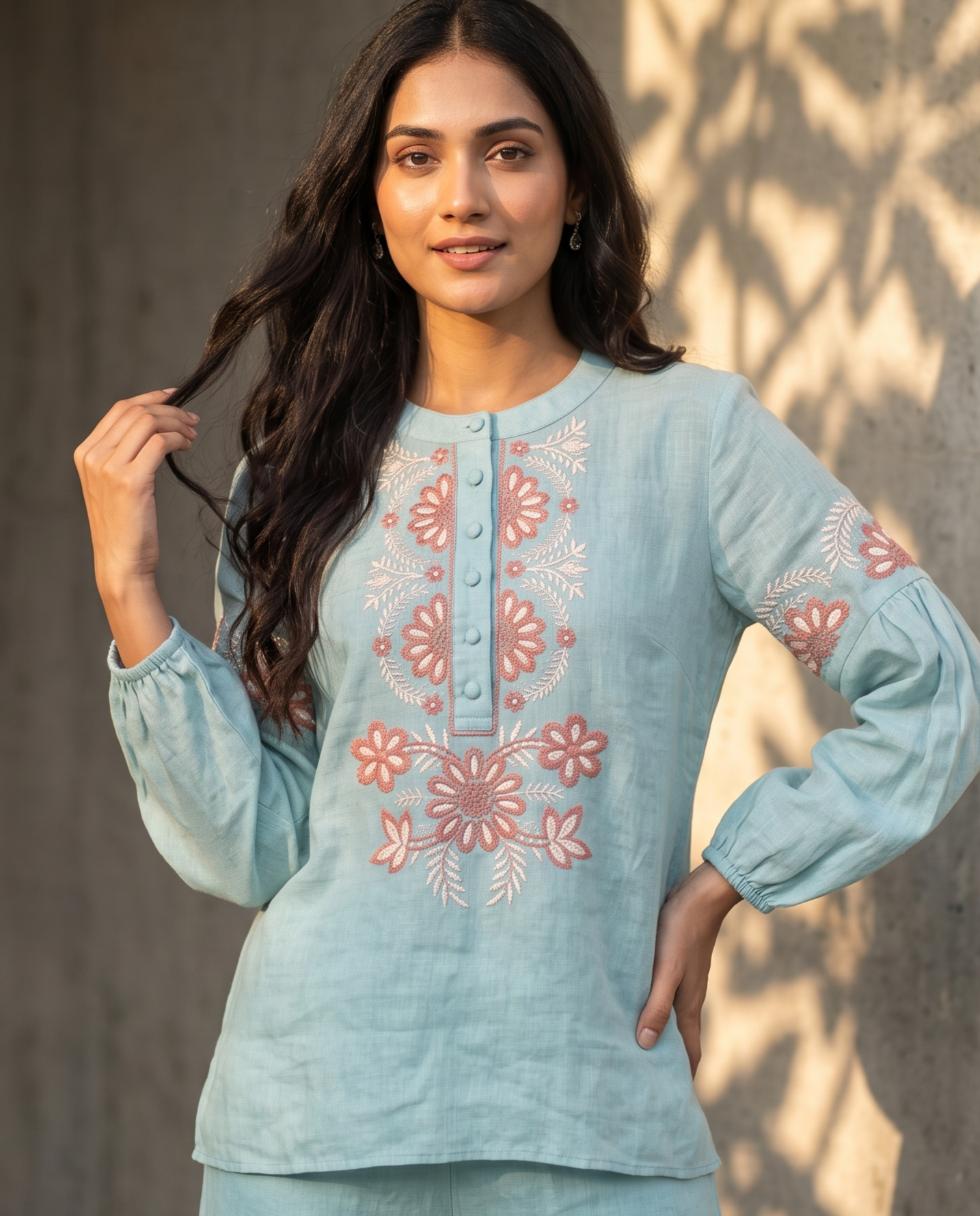 Aqua Bloom European Linen Top - Mist Blue