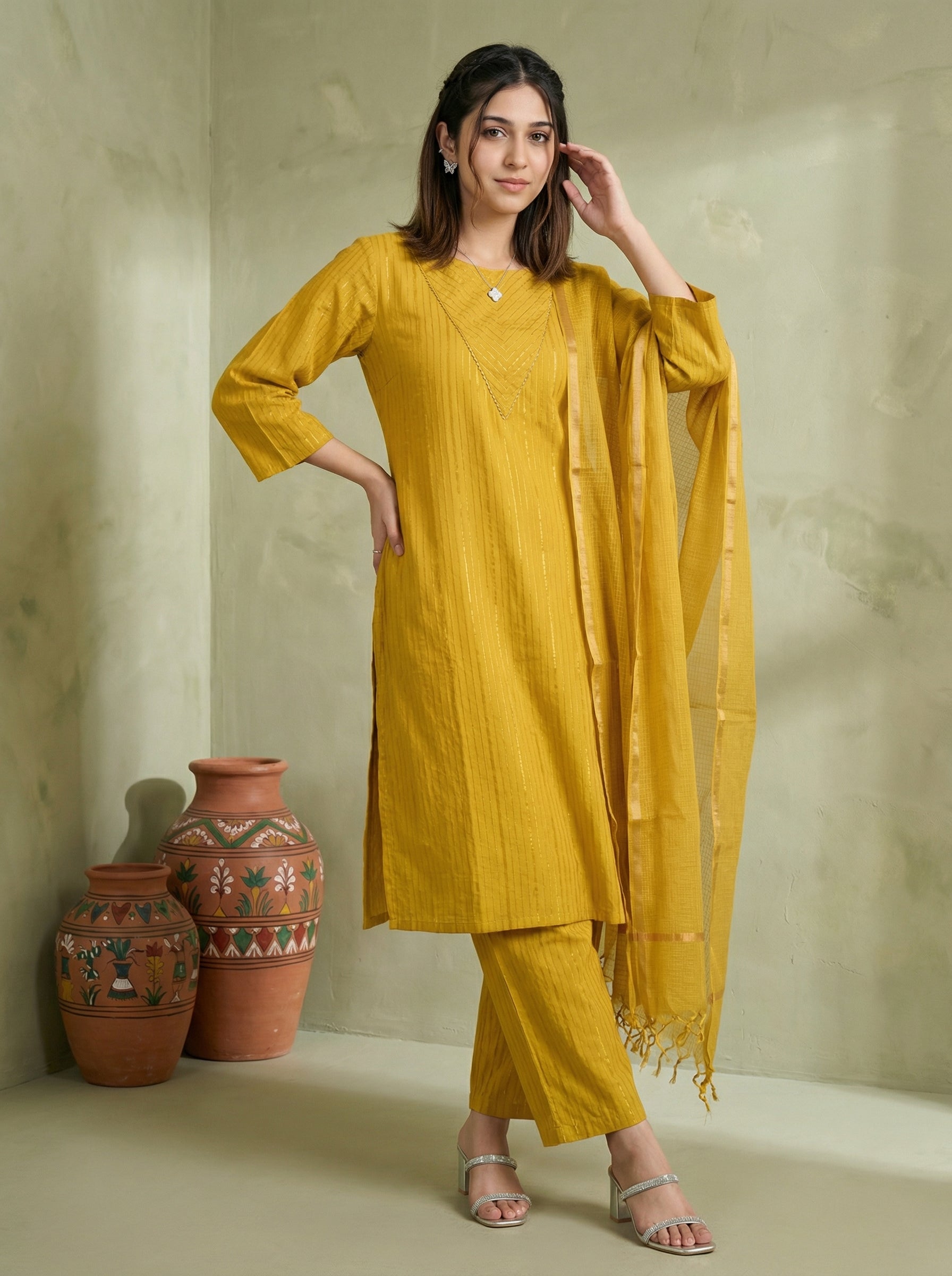 DORIA LUREX YELLOW CHIC KPD SET WITH KOTA DUPATTA