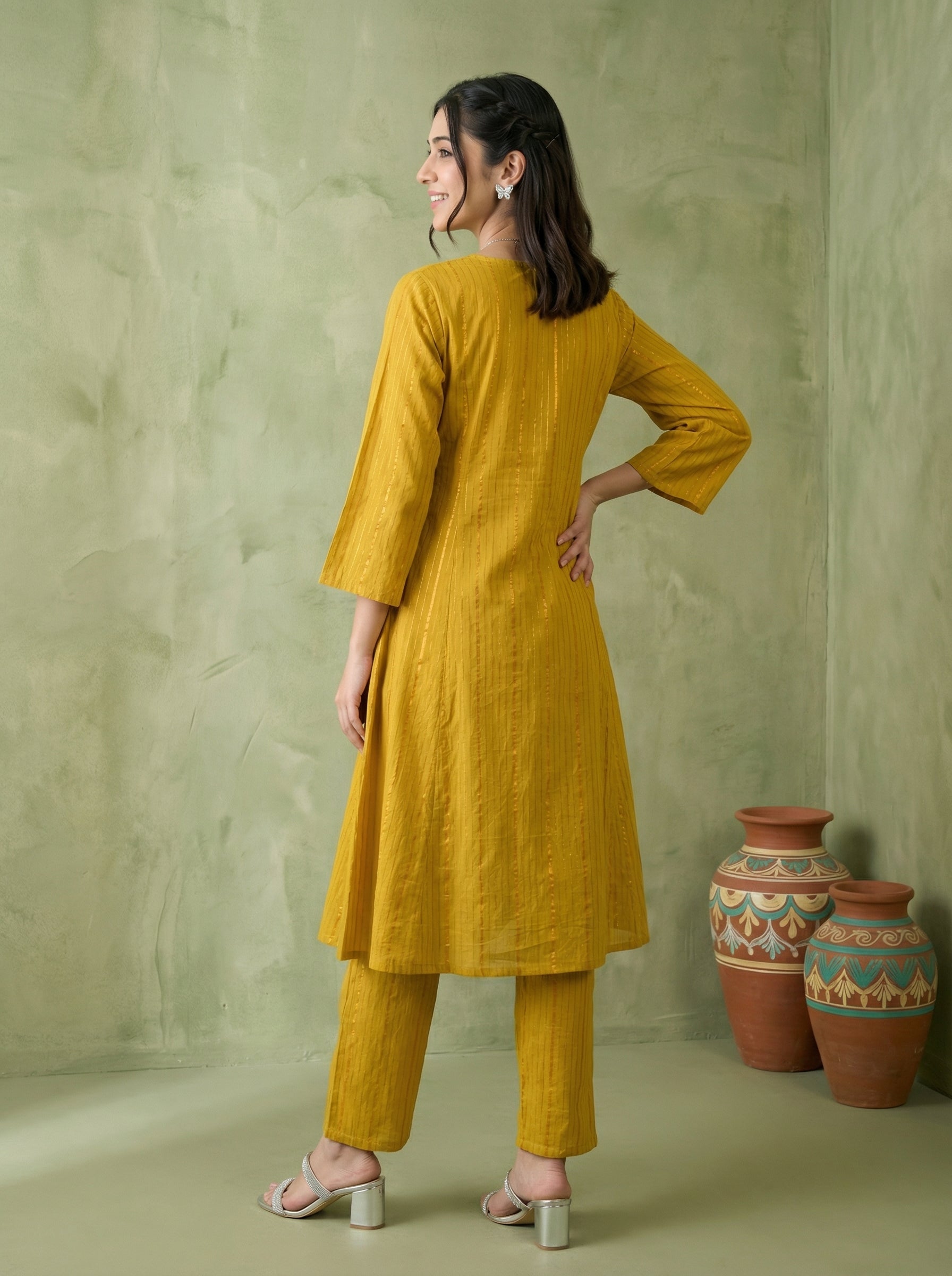 DORIA LUREX YELLOW CHIC KPD SET WITH KOTA DUPATTA