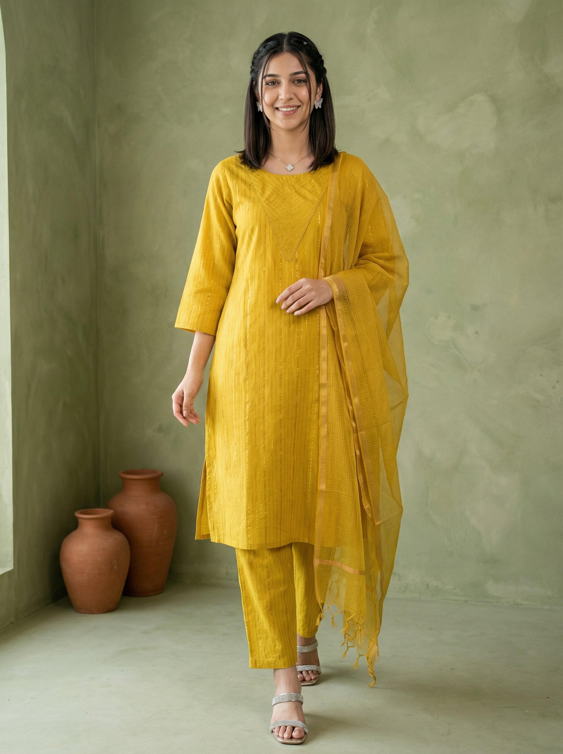 DORIA LUREX YELLOW CHIC KPD SET WITH KOTA DUPATTA