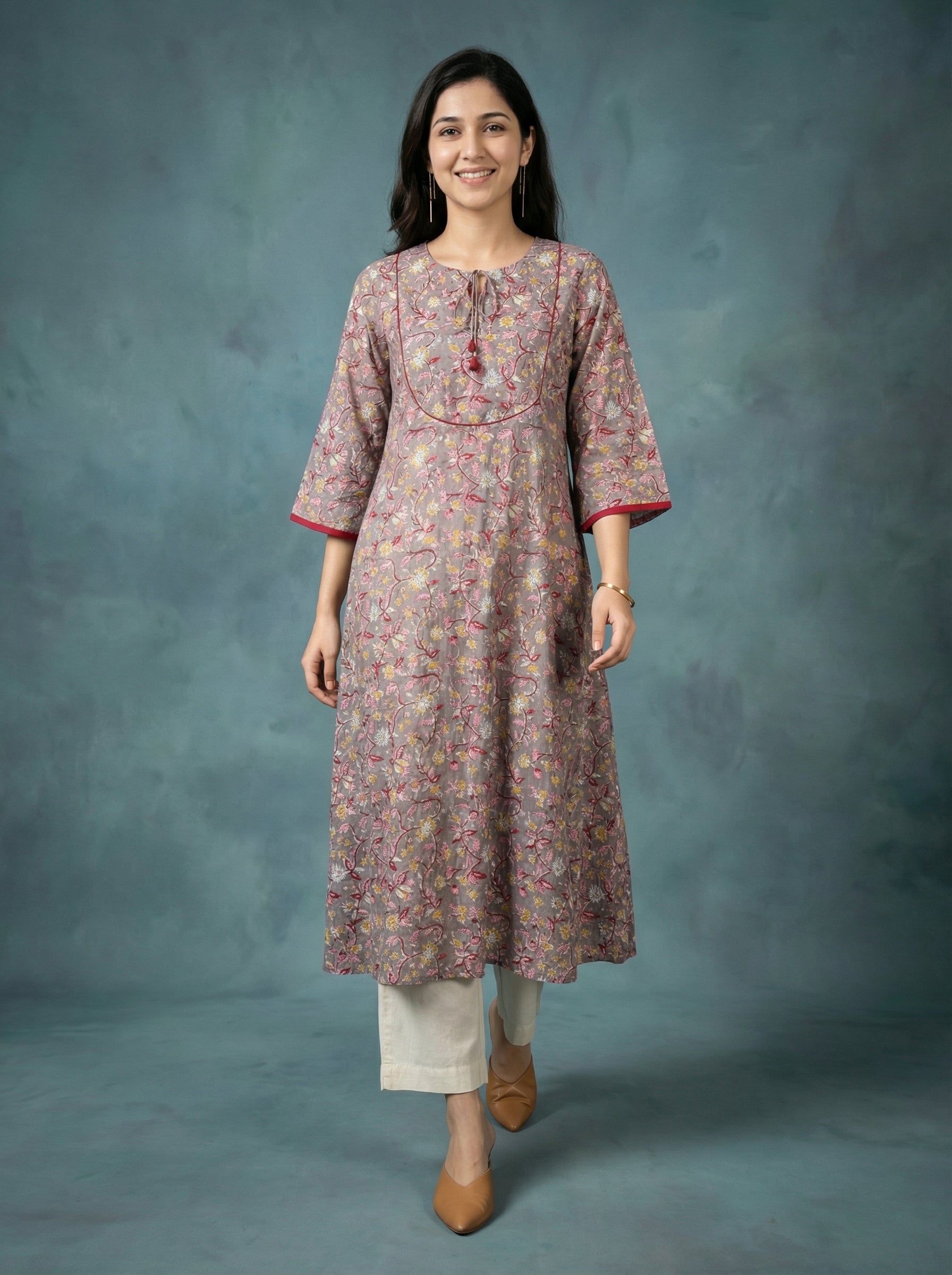 Jazz Waves Cotton Taupe Grey/Floral Jaal Yoke Kurta