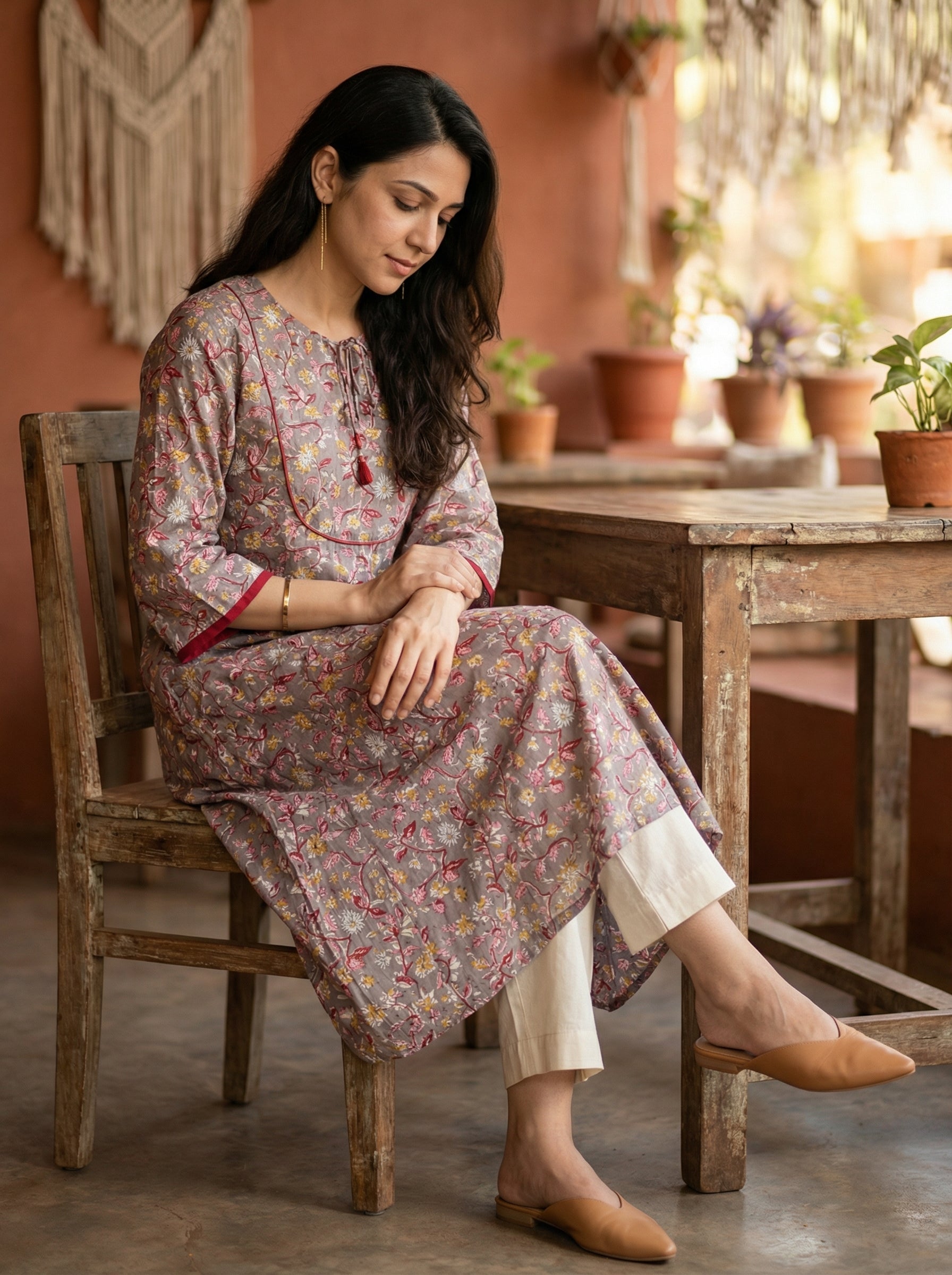 Jazz Waves Cotton Taupe Grey/Floral Jaal Yoke Kurta