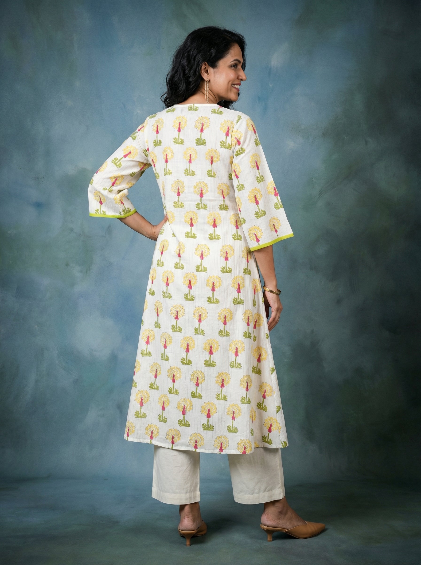 Jazz Waves Cotton White Yellow Yoke Kurta