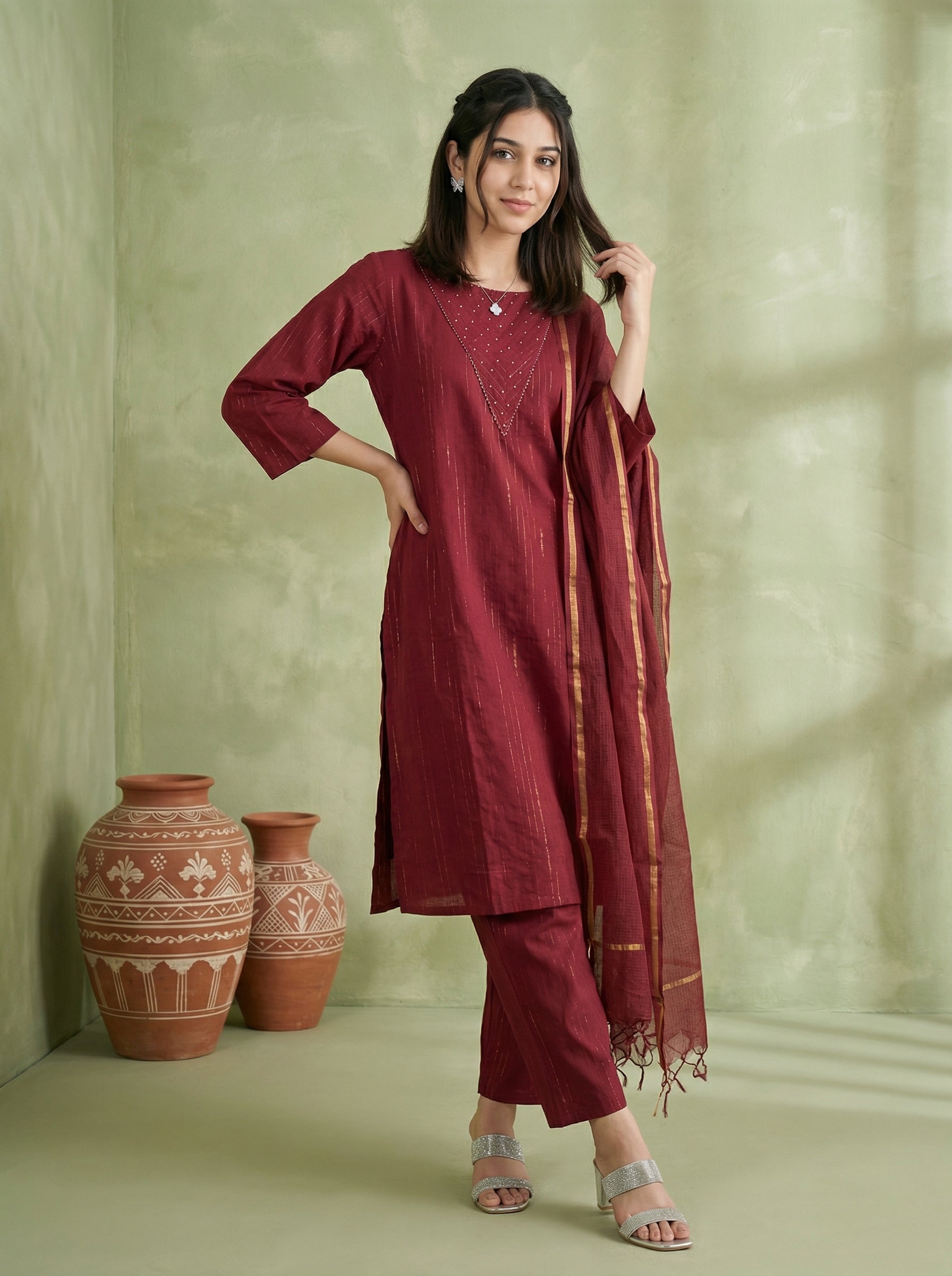 DORIA LUREX RED CHIC KPD SET WITH KOTA DUPATTA