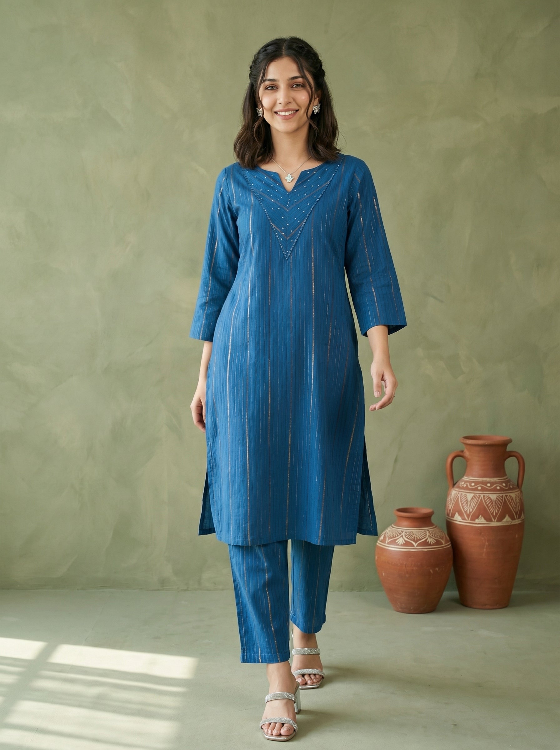 DORIA LUREX BLUE CHIC KPD SET WITH KOTA DUPATTA
