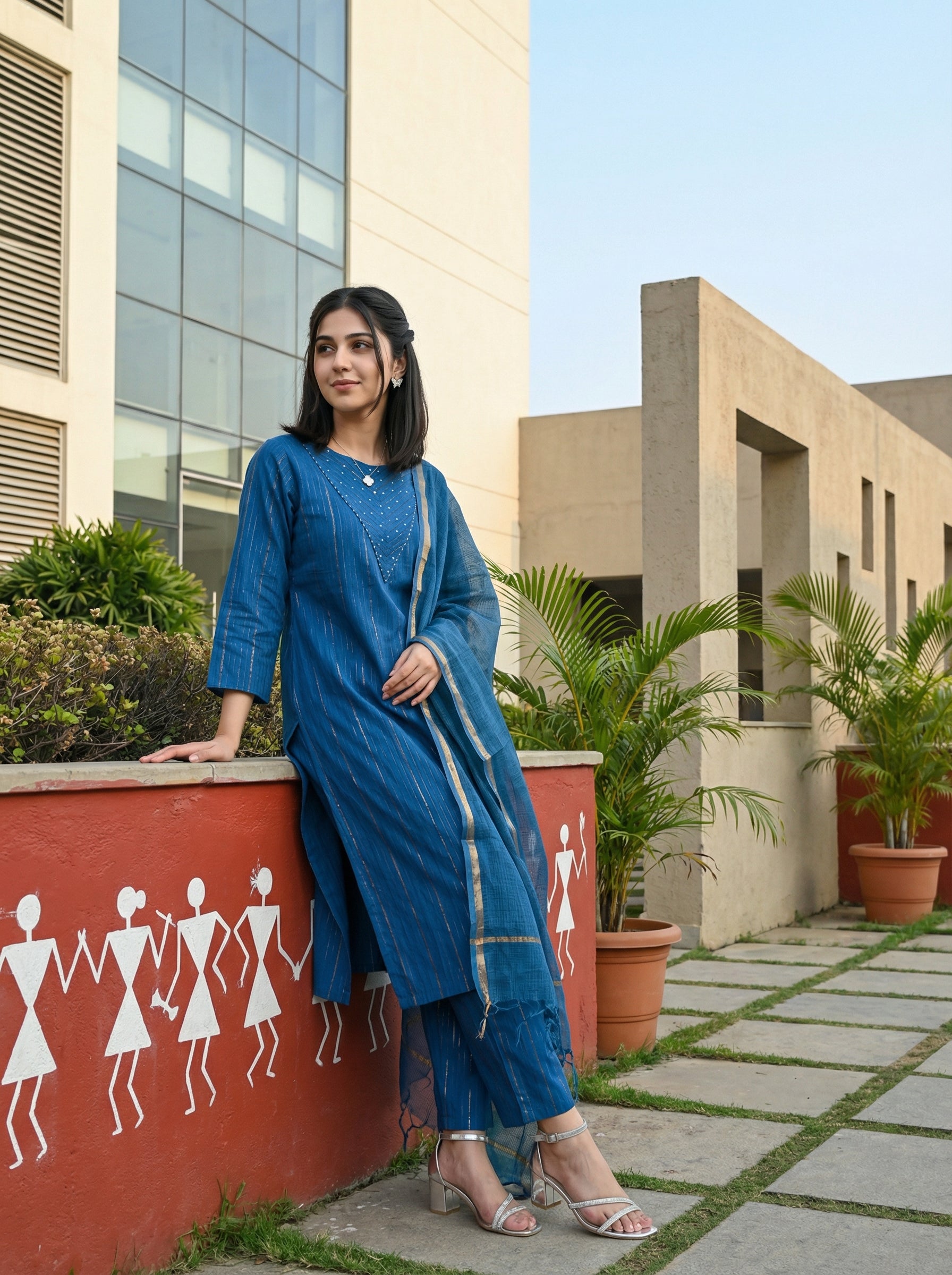 DORIA LUREX BLUE CHIC KPD SET WITH KOTA DUPATTA