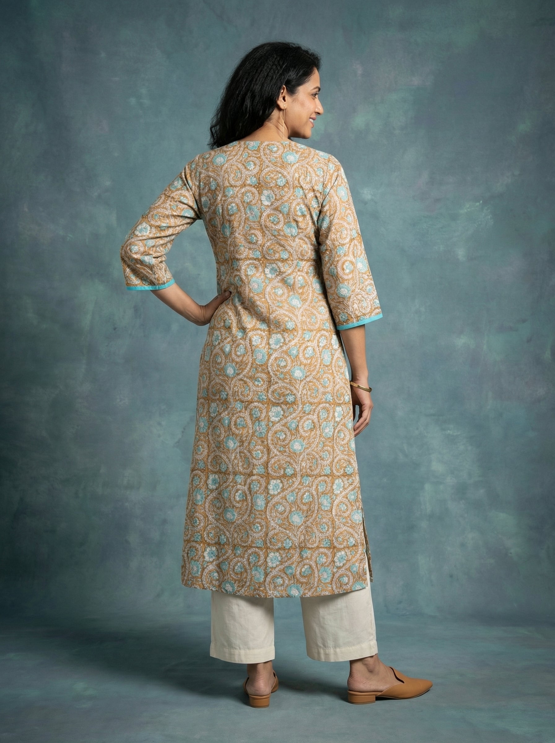 Jazz Waves Cotton Dark Beige/Blue Yoke Kurta