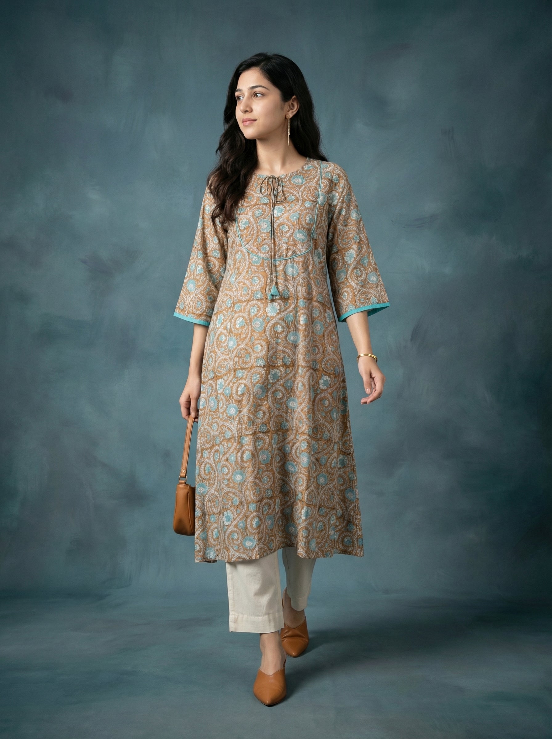 Jazz Waves Cotton Dark Beige/Blue Yoke Kurta