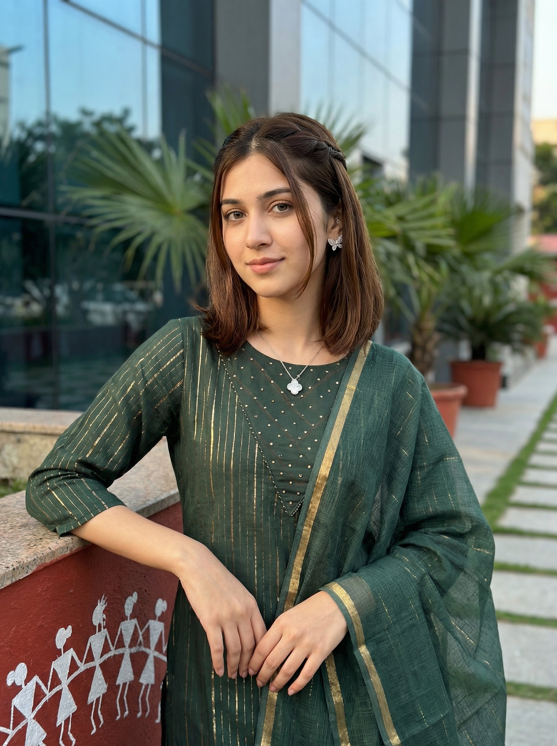DORIA LUREX GREEN CHIC KPD SET WITH KOTA DUPATTA