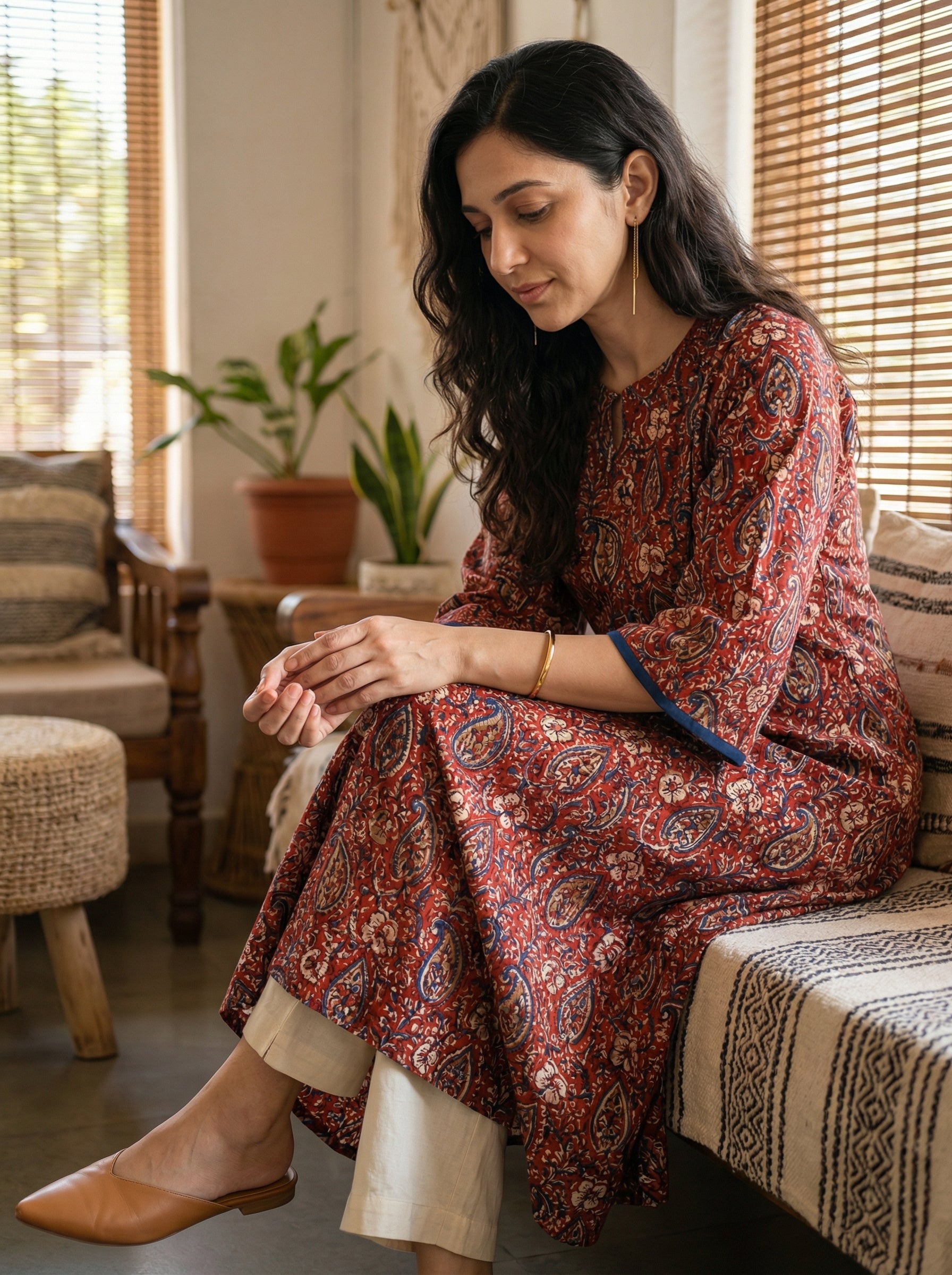 Jazz Waves Cotton Maroon/Brown Yoke Kurta