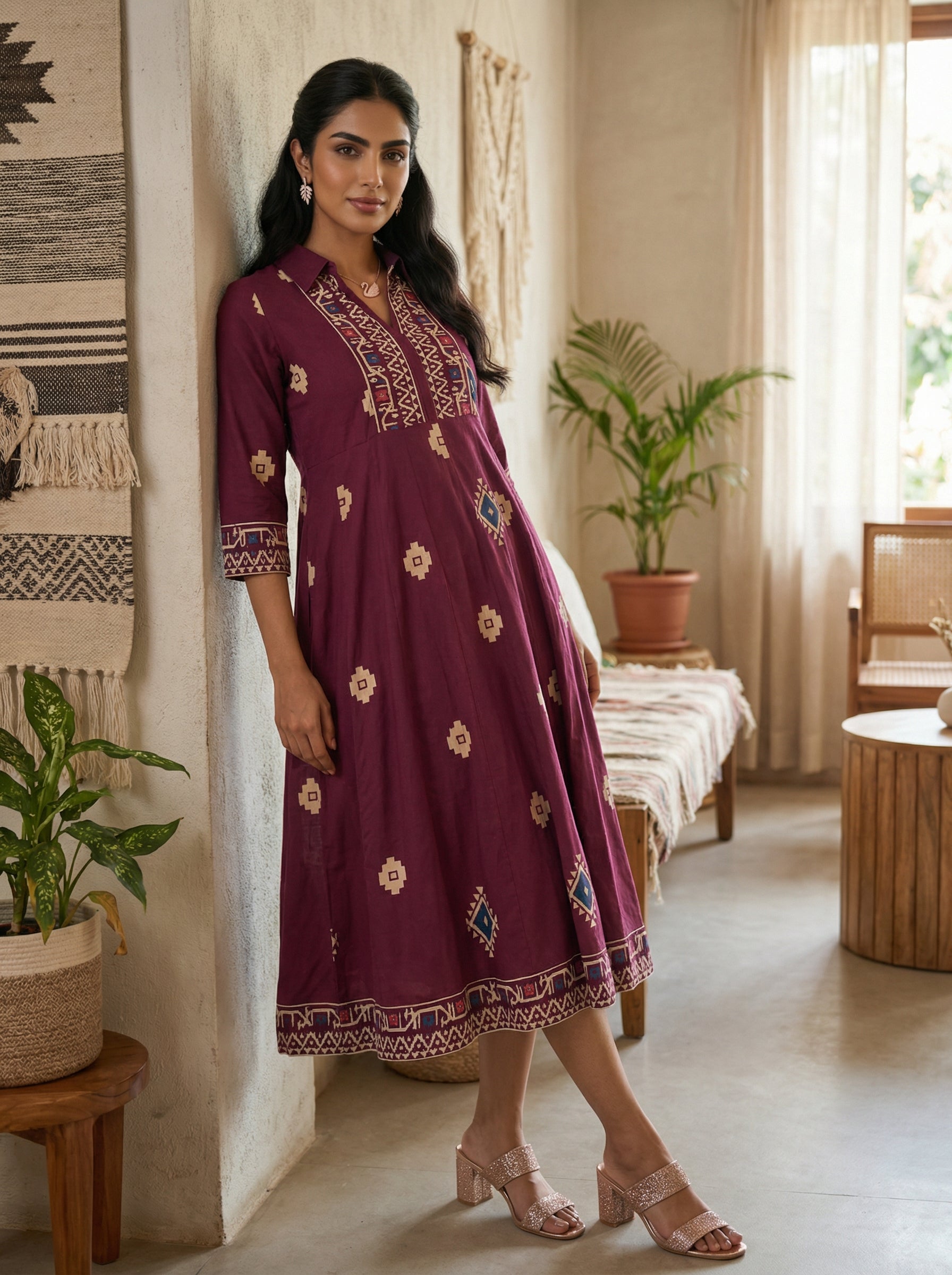 Handprinted Burgundy Anarkali Dress