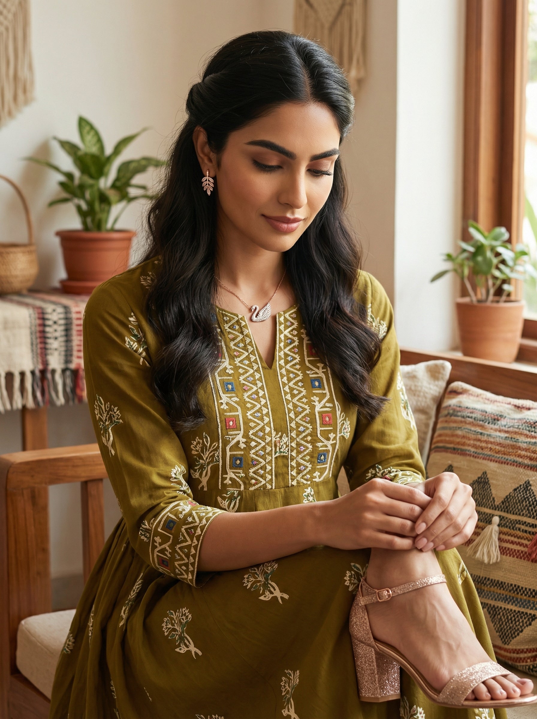 Mehendi Green Handprinted Anarkali Dress
