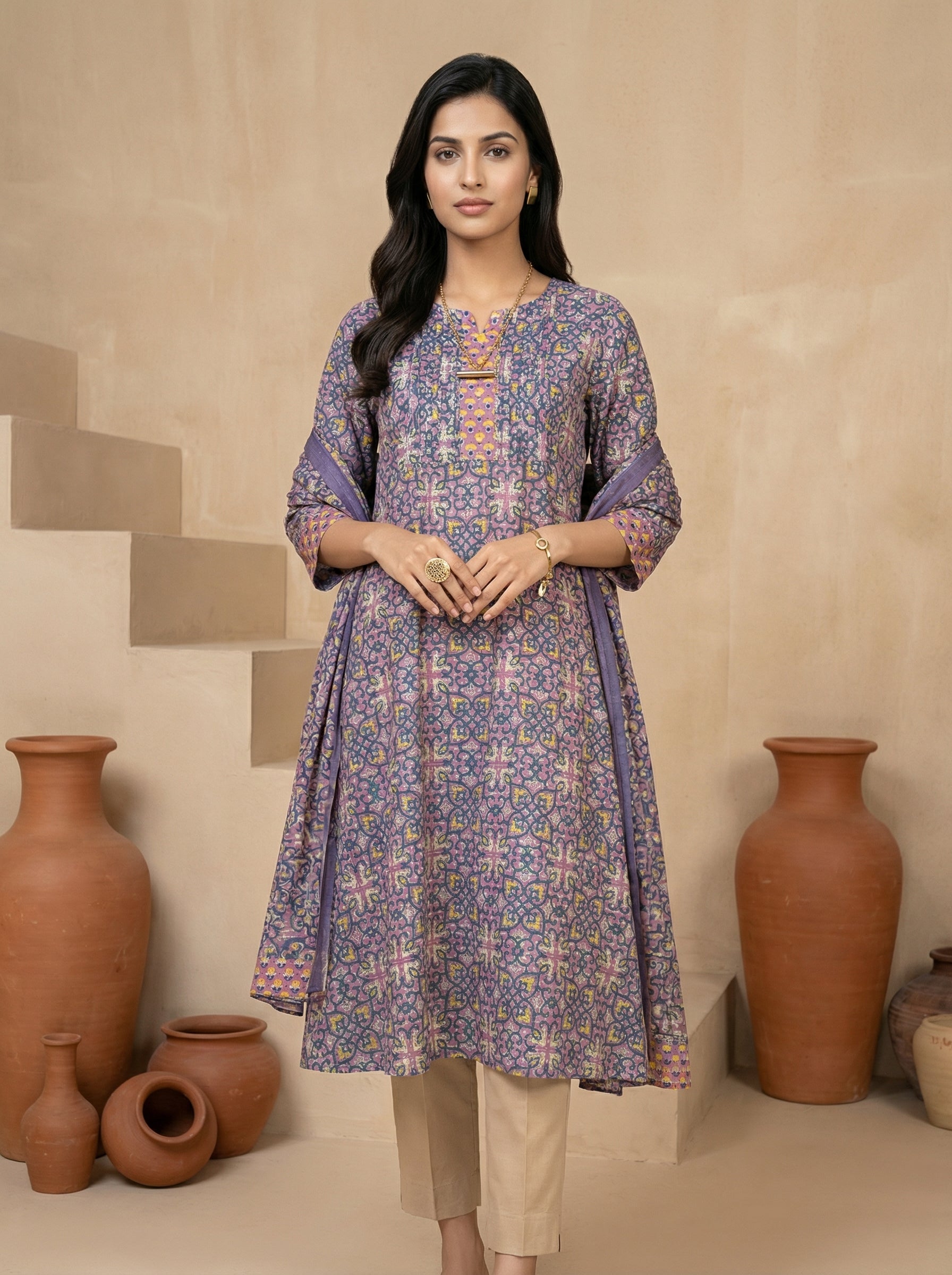 Onion Pink Yoke Pintuck Kurta