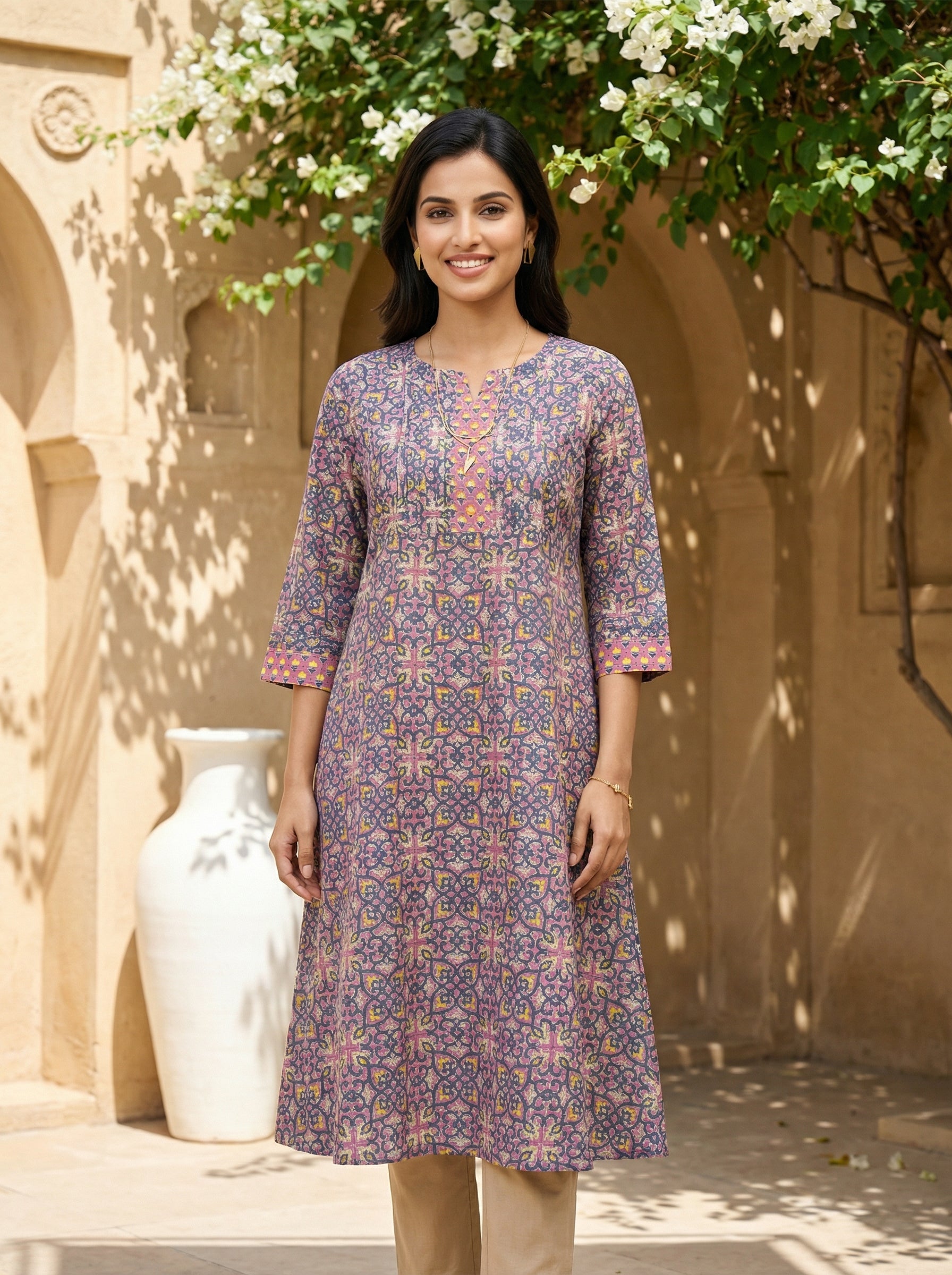 Onion Pink Yoke Pintuck Kurta