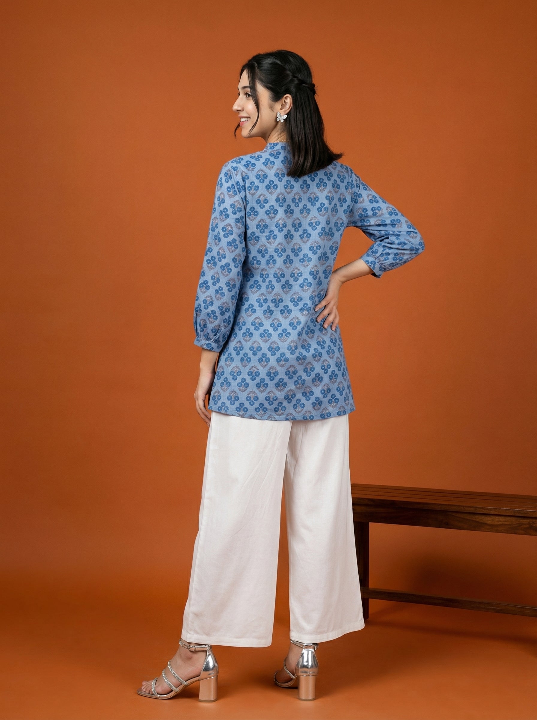 BLOOM GRID BLUE LINEN COTTON TOPS