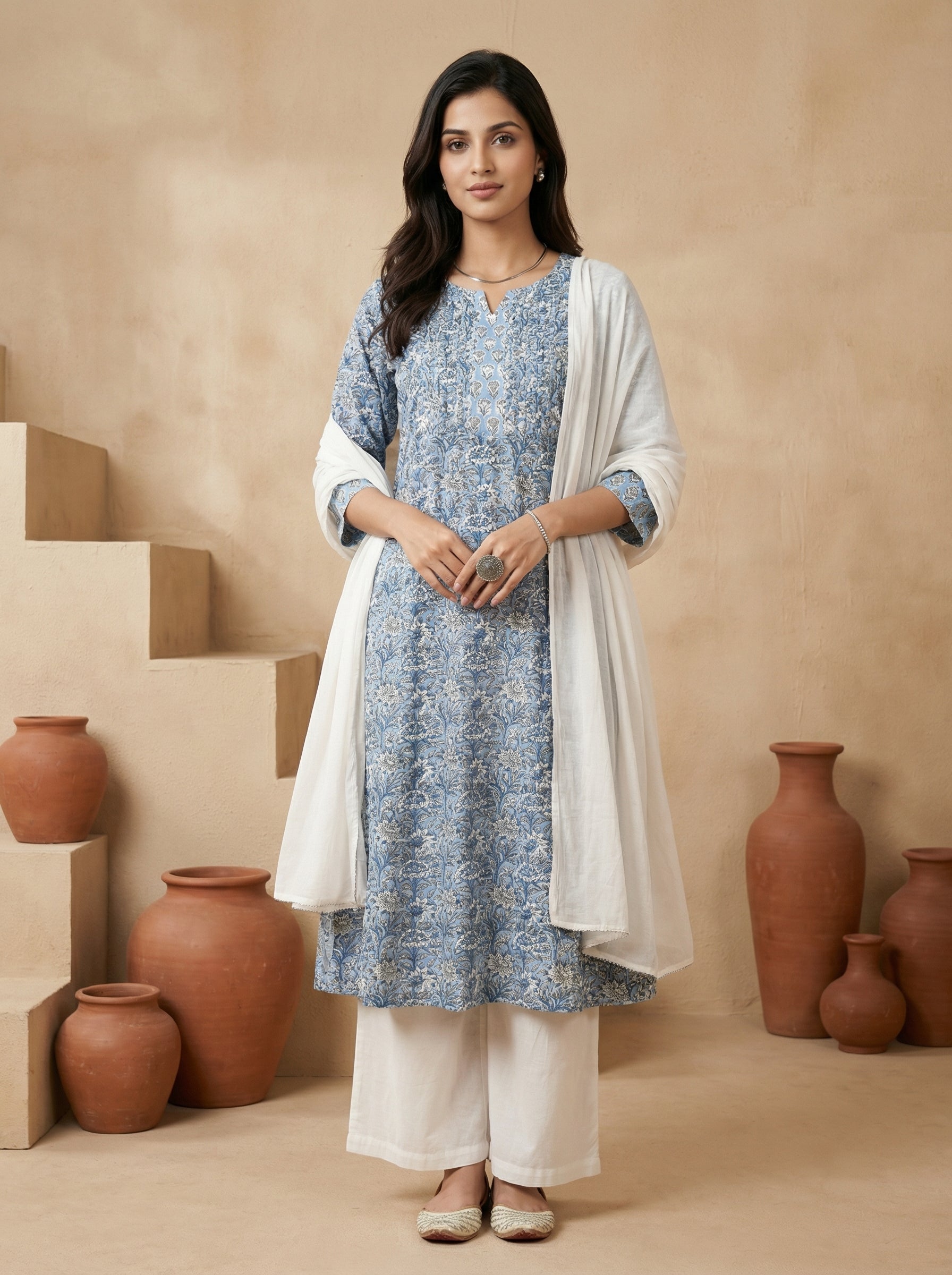 Sky Blue Yoke Pintuck Kurta