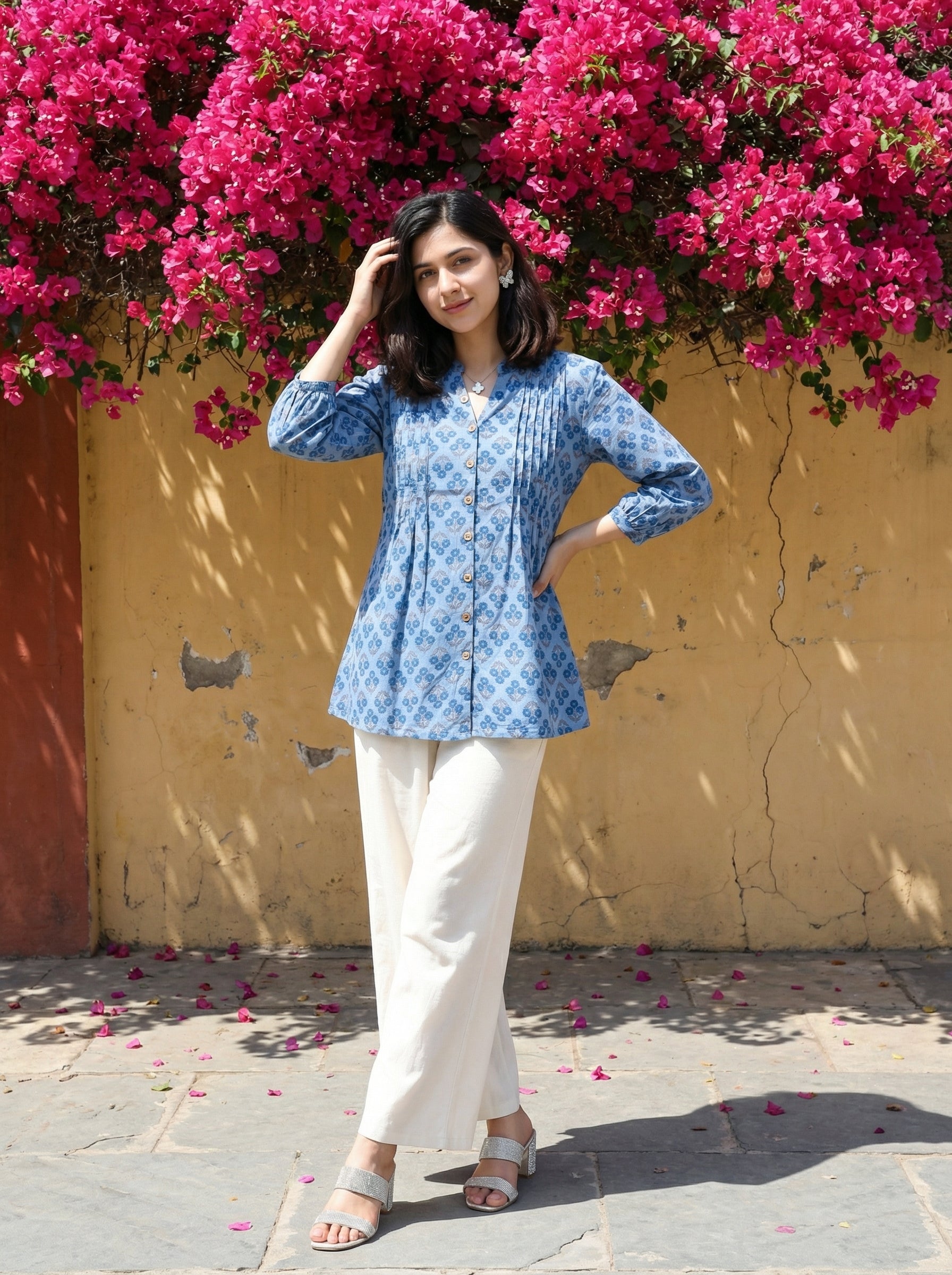 BLOOM GRID BLUE LINEN COTTON TOPS