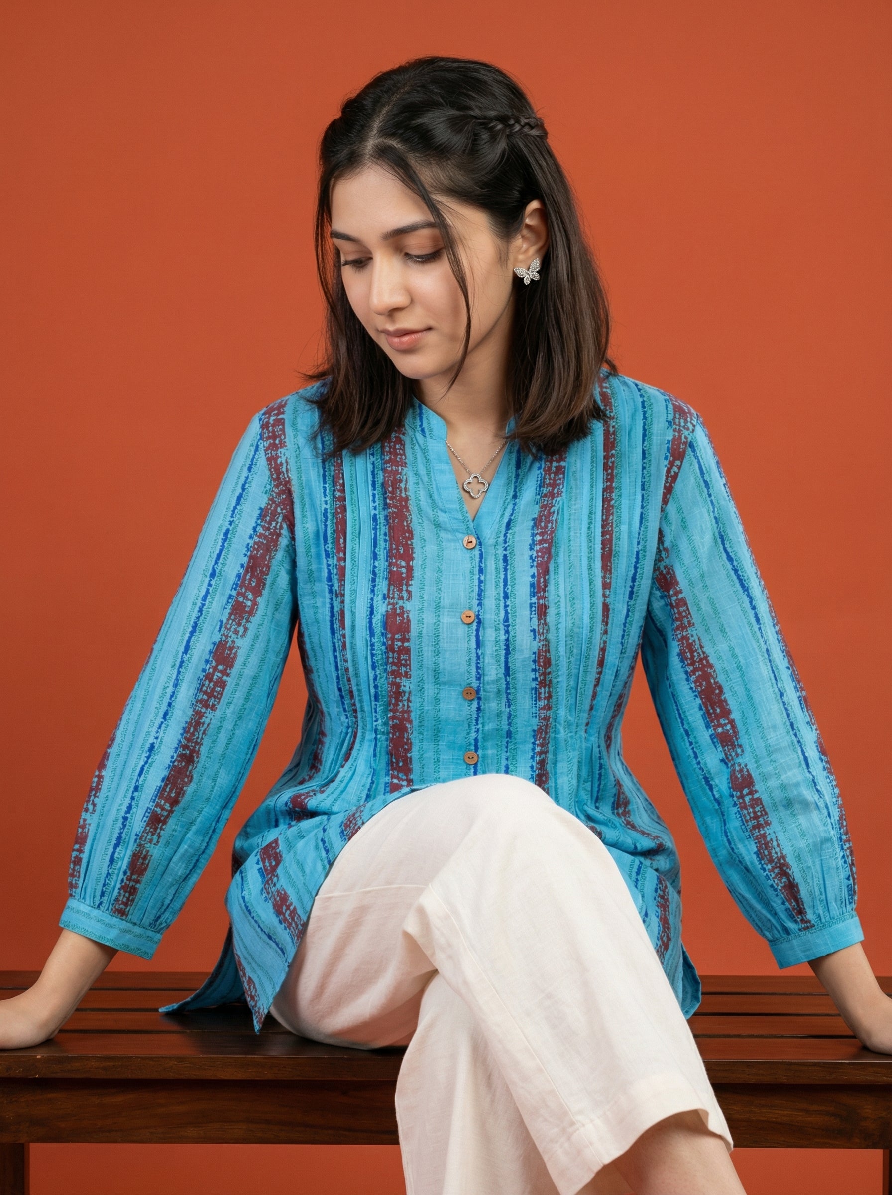 BLOOM GRID SKY BLUE LINEN COTTON TOPS
