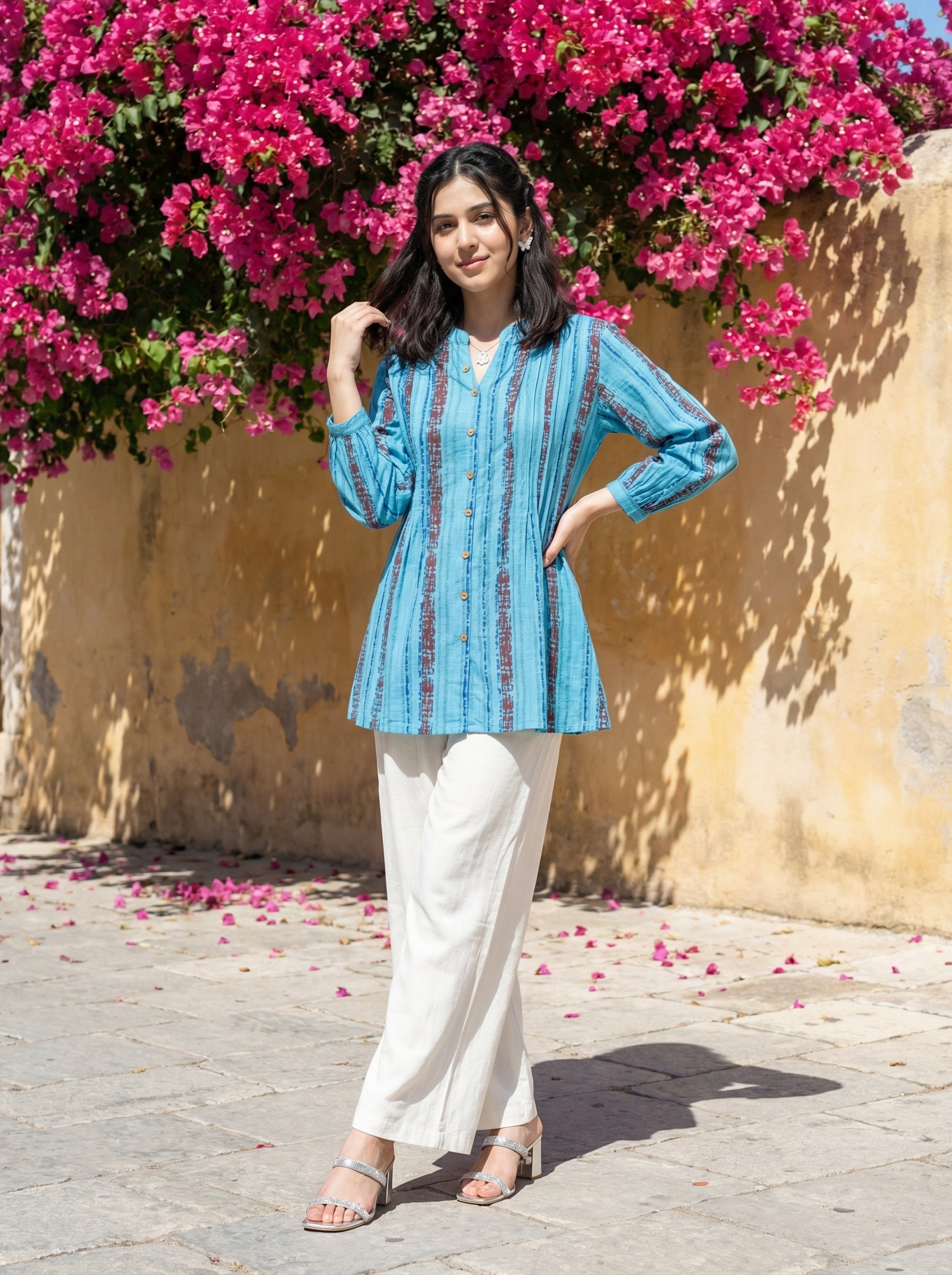 BLOOM GRID SKY BLUE LINEN COTTON TOPS