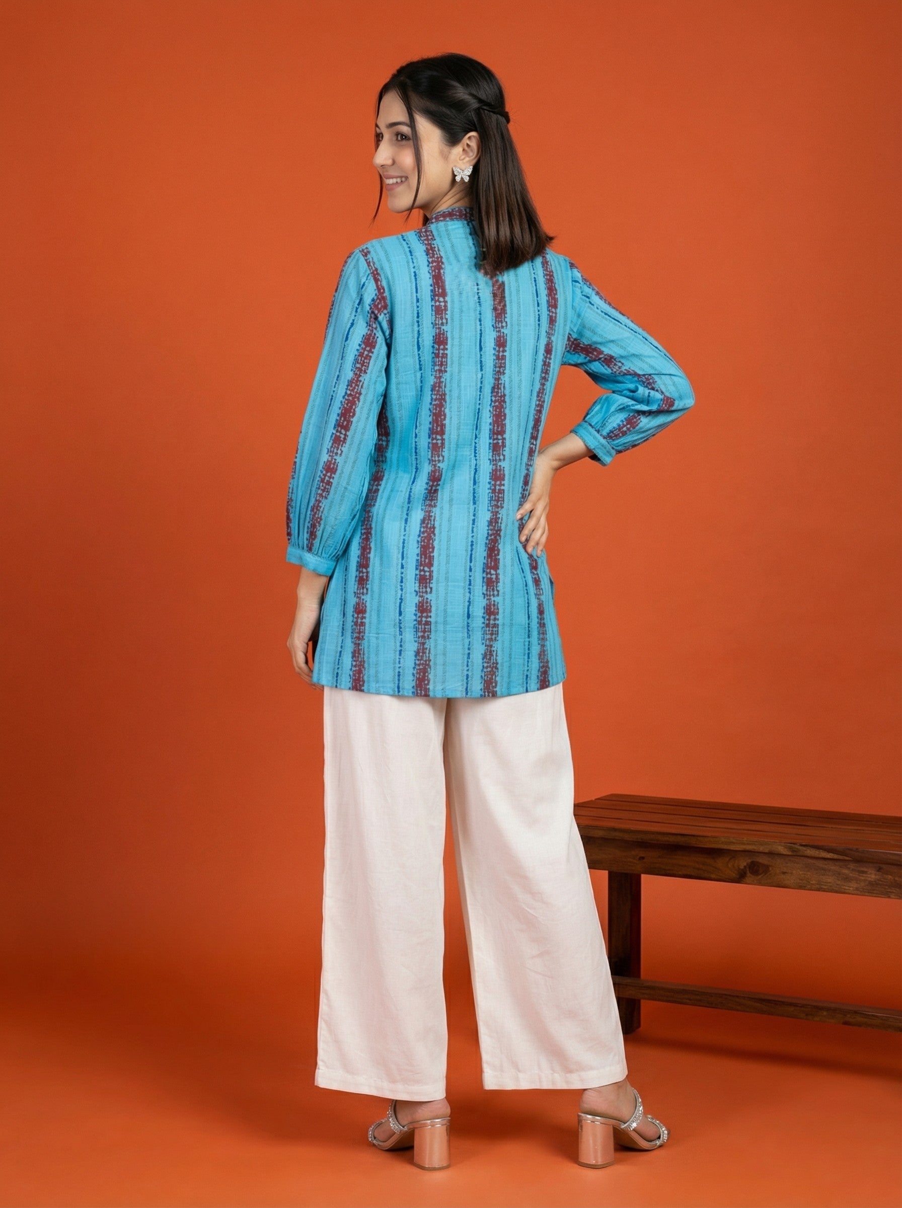 BLOOM GRID SKY BLUE LINEN COTTON TOPS
