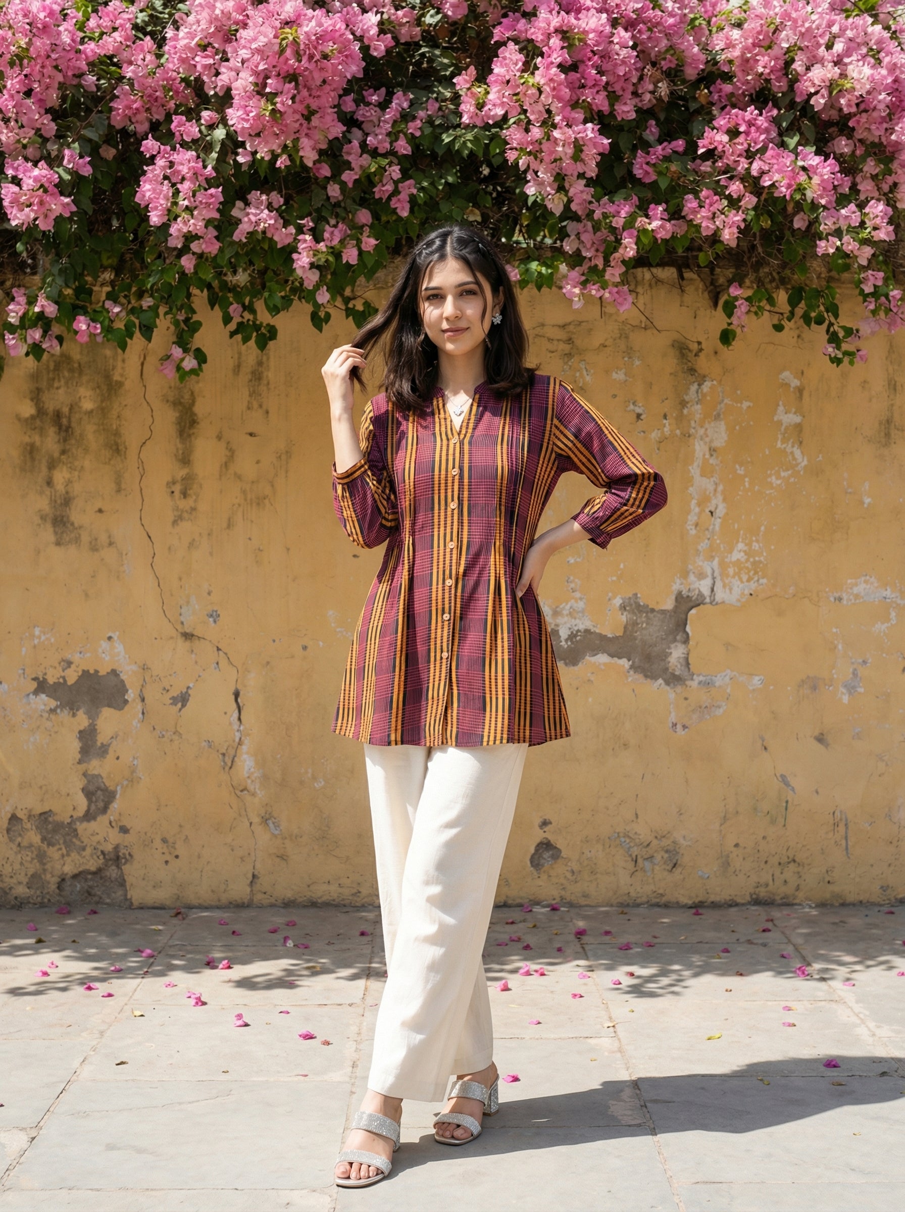 BLOOM GRID MULTICOLOR LINEN COTTON TOPS