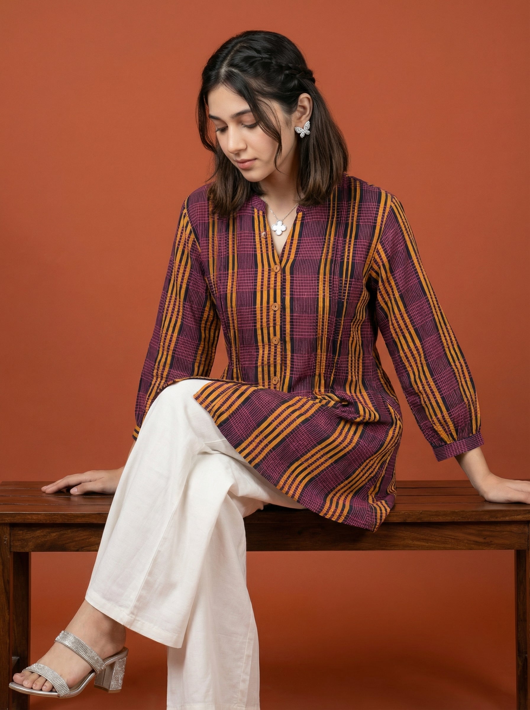 BLOOM GRID MULTICOLOR LINEN COTTON TOPS