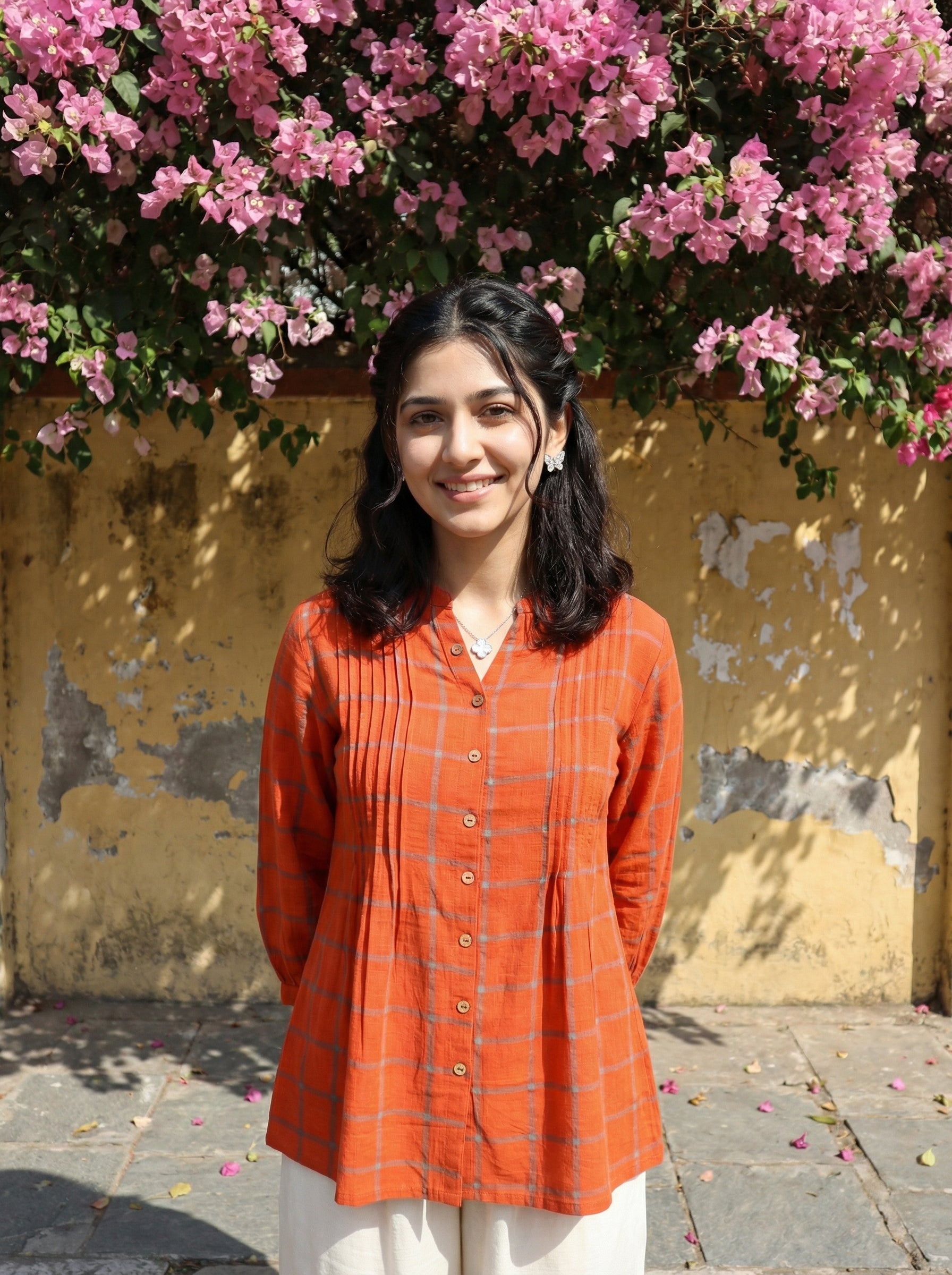 BLOOM GRID ORANGE LINEN COTTON TOPS