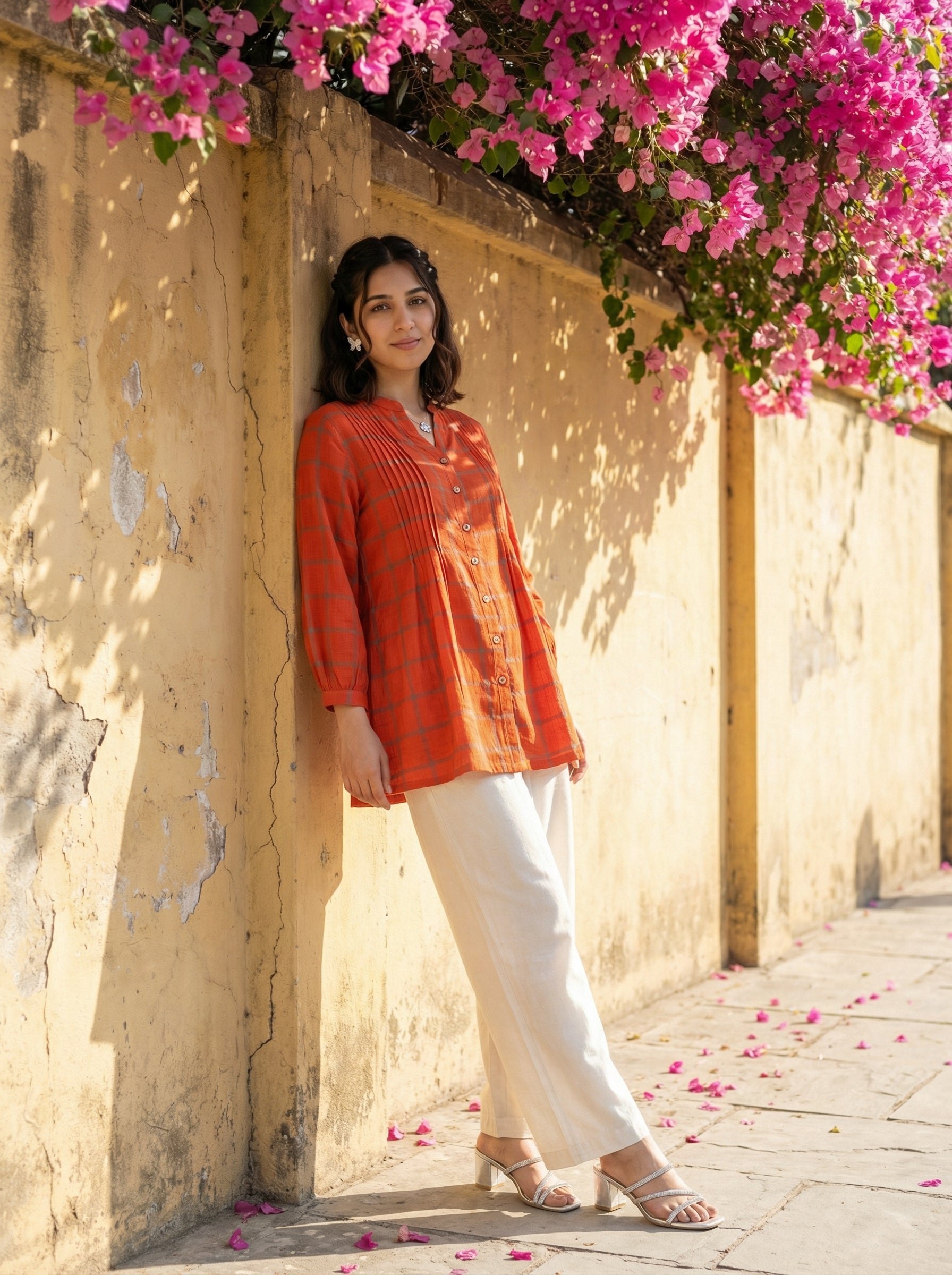 BLOOM GRID ORANGE LINEN COTTON TOPS