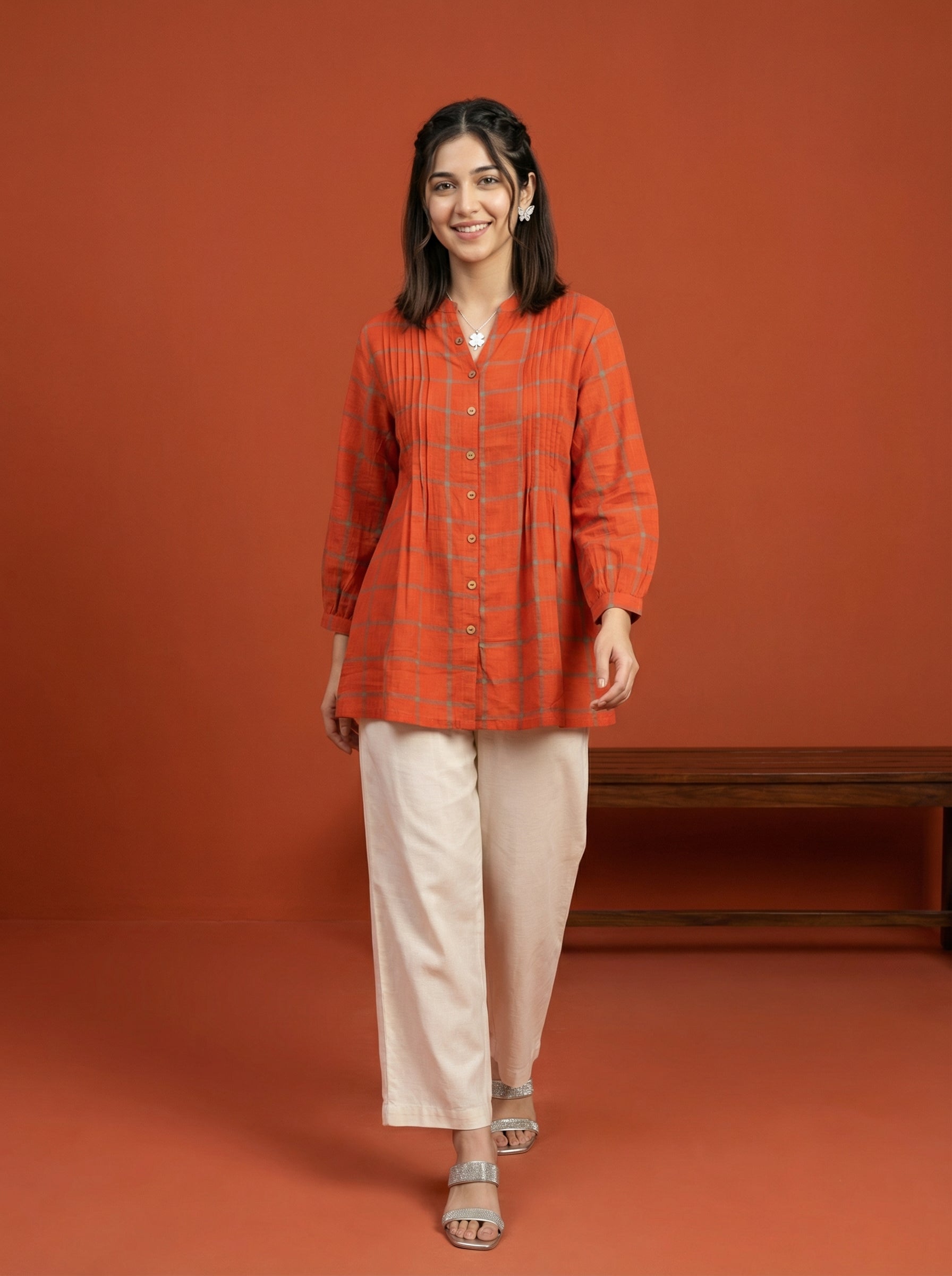 BLOOM GRID ORANGE LINEN COTTON TOPS