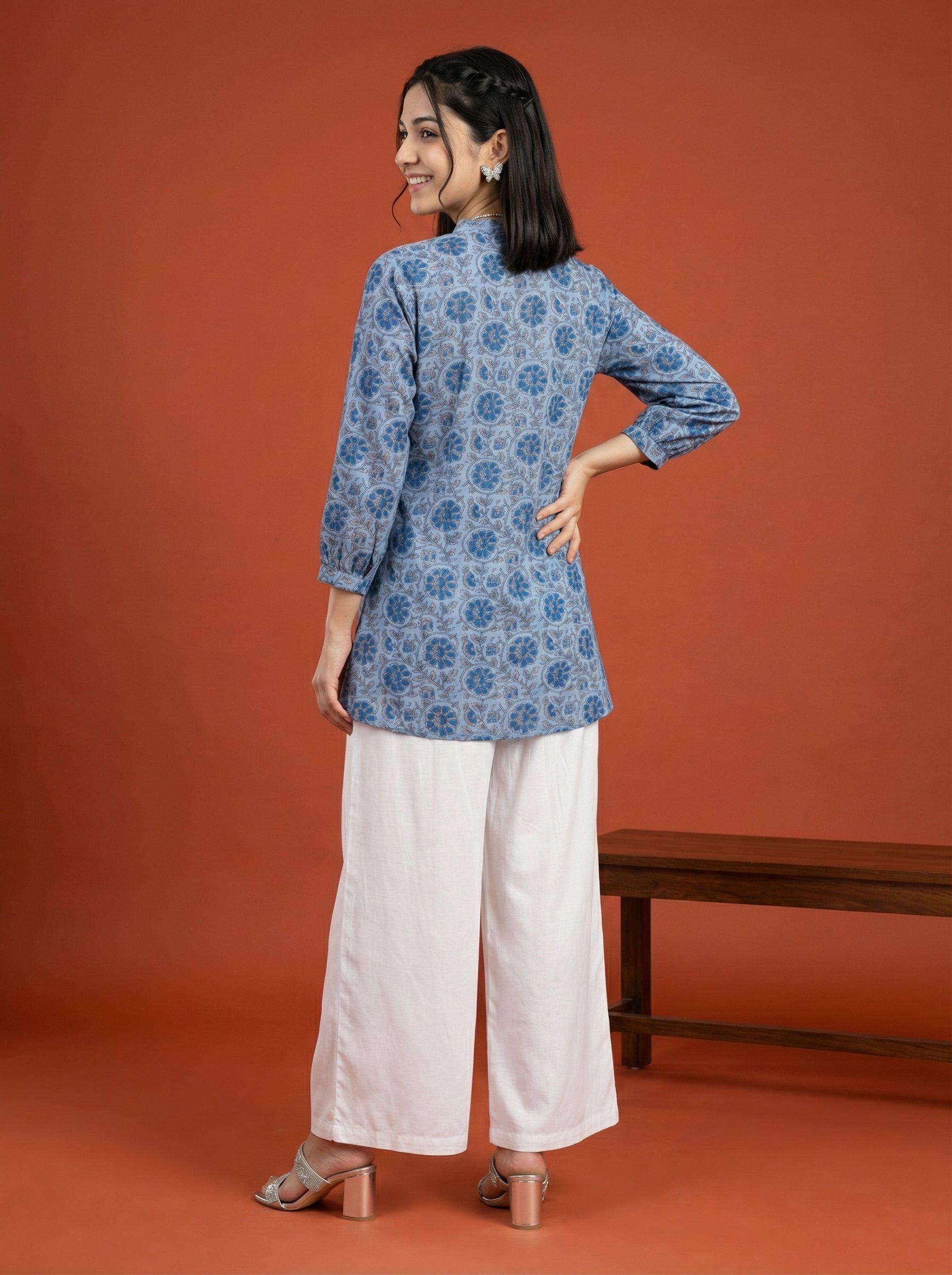 BLOOM GRID BLUE LINEN COTTON TOPS