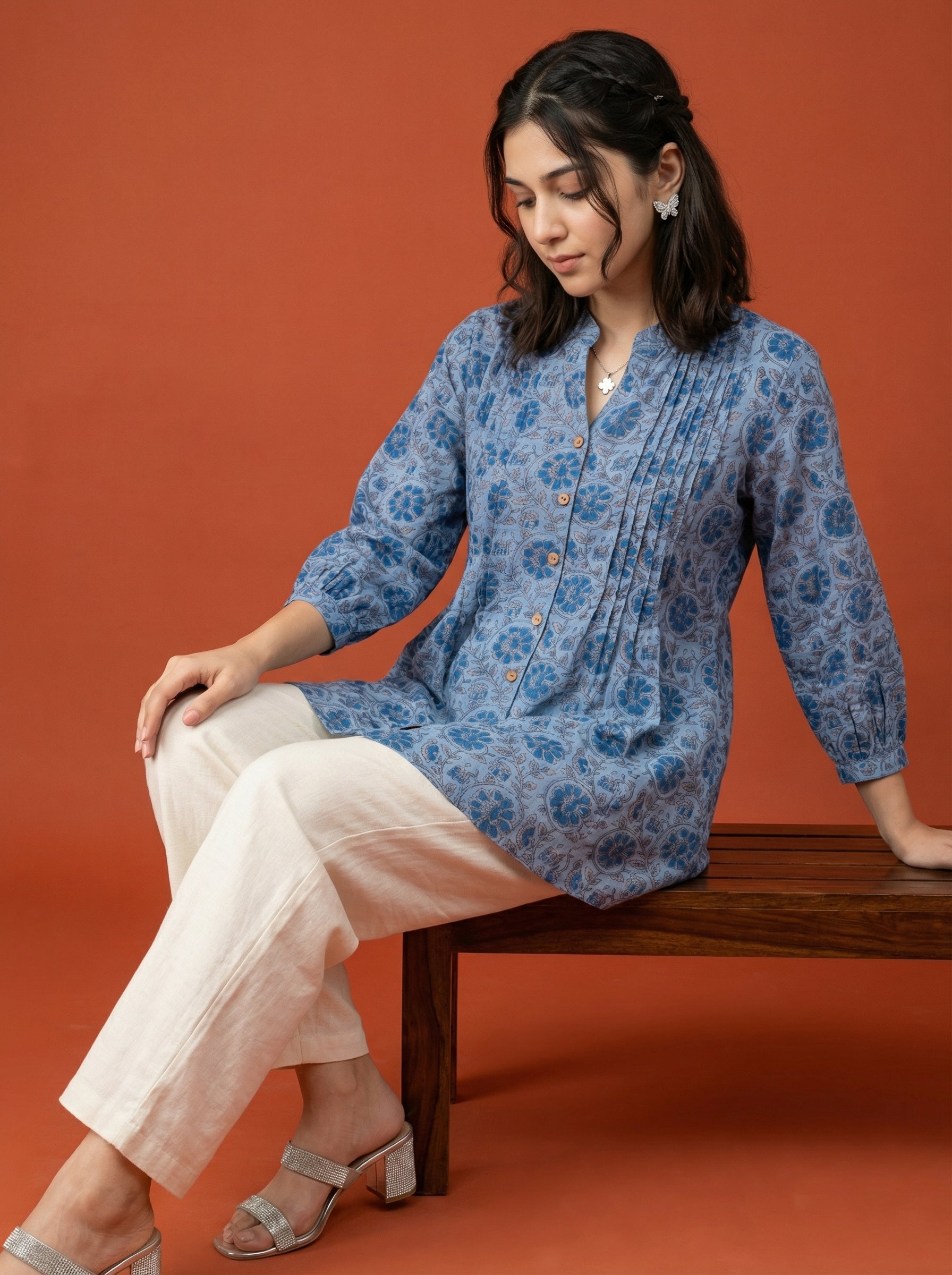 BLOOM GRID BLUE LINEN COTTON TOPS