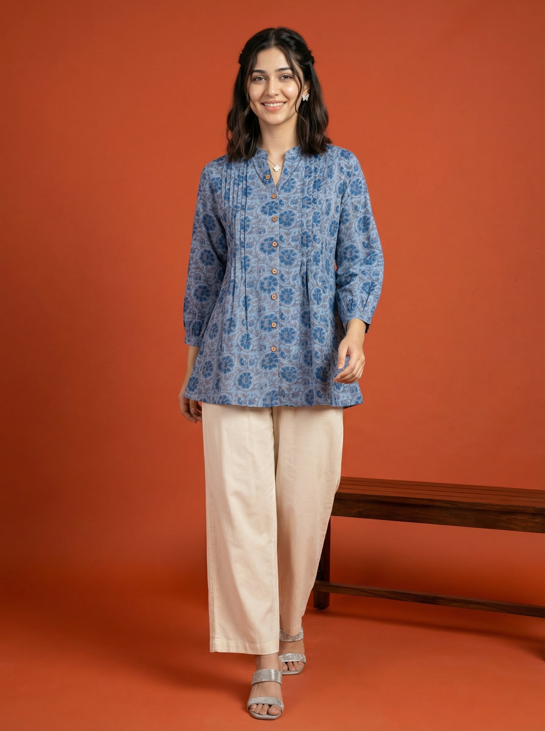 BLOOM GRID BLUE LINEN COTTON TOPS
