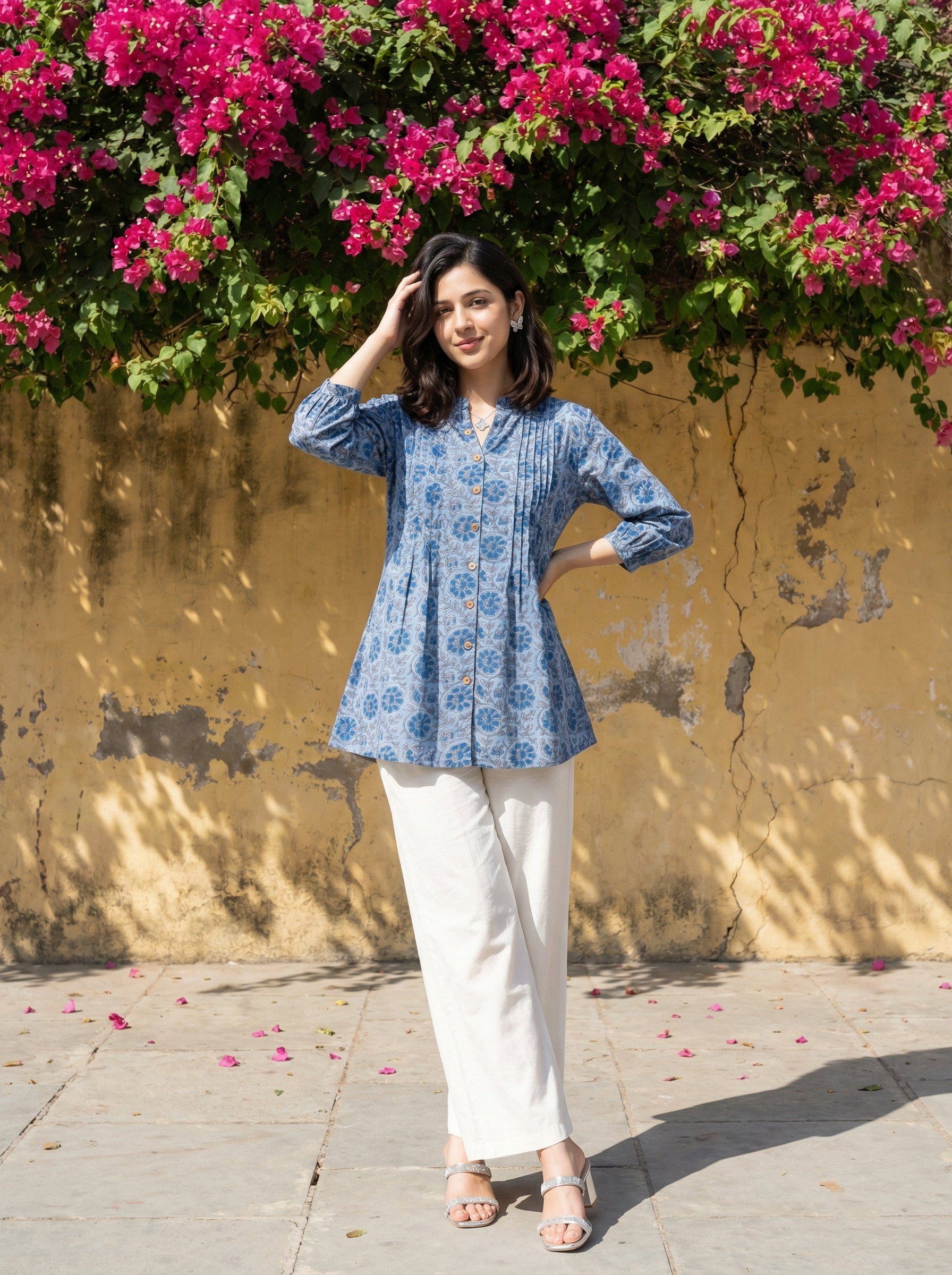 BLOOM GRID BLUE LINEN COTTON TOPS