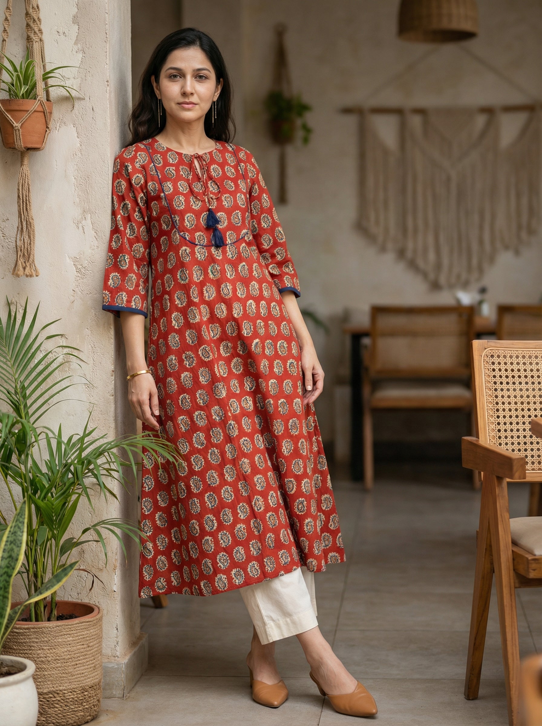 Jazz Waves Cotton Maroon/Brown Paisley Yoke Kurta