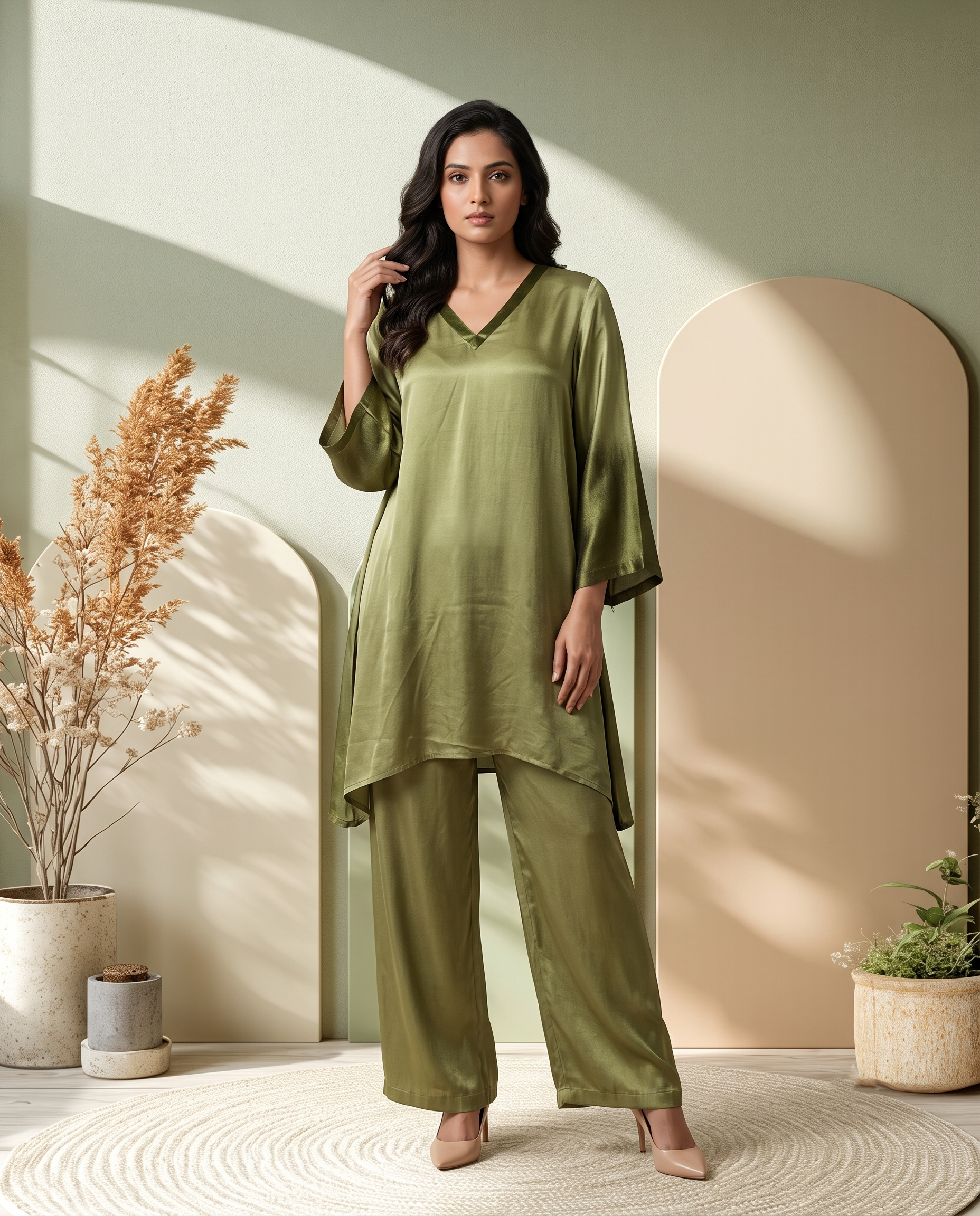 OLIVE GREEN OMBRE LUXE MODAL SILK SHORT KURTA