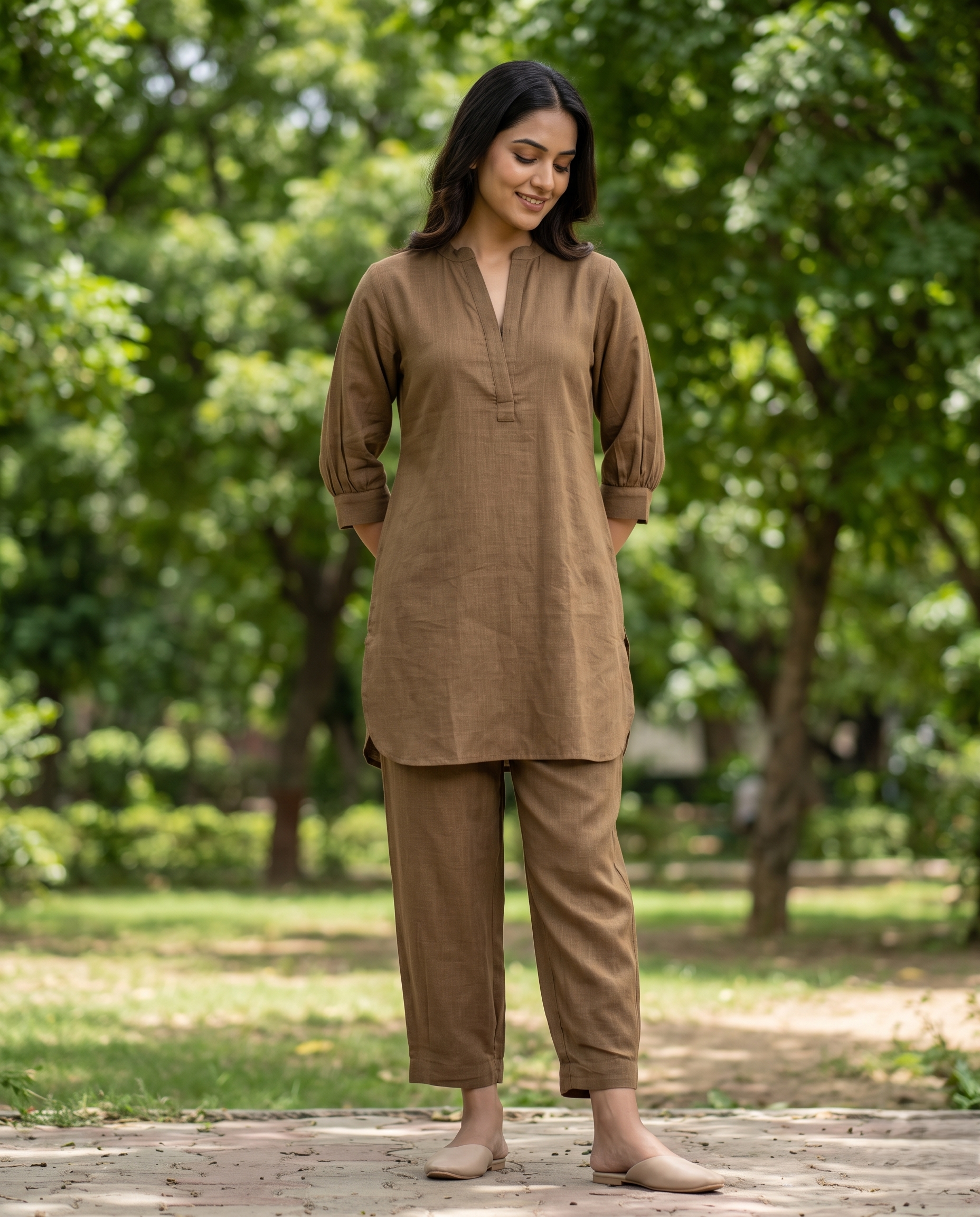 LINEN LUXE BROWN KURTA PANT SET