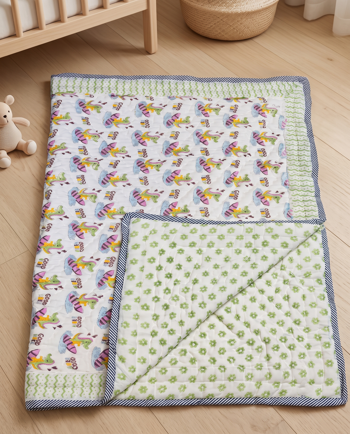 DINO GOOD VIBES HAND BLOCK BABY REVERSIBLE QUILT