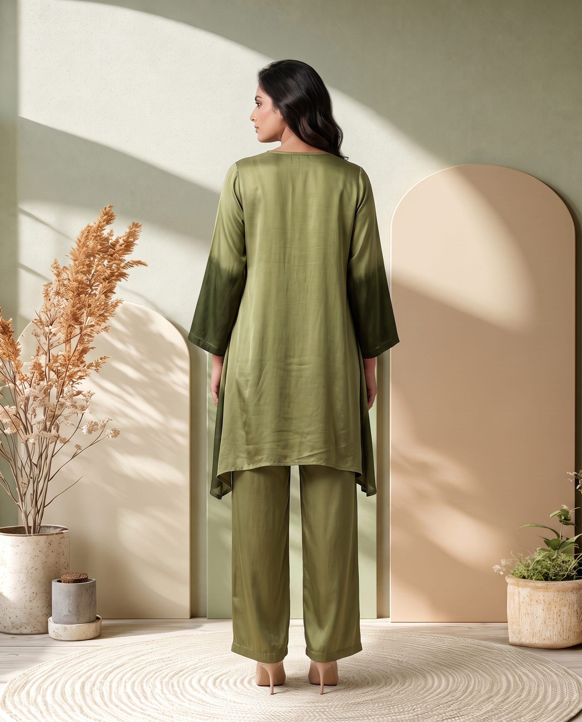 OLIVE GREEN OMBRE LUXE MODAL SILK SHORT KURTA