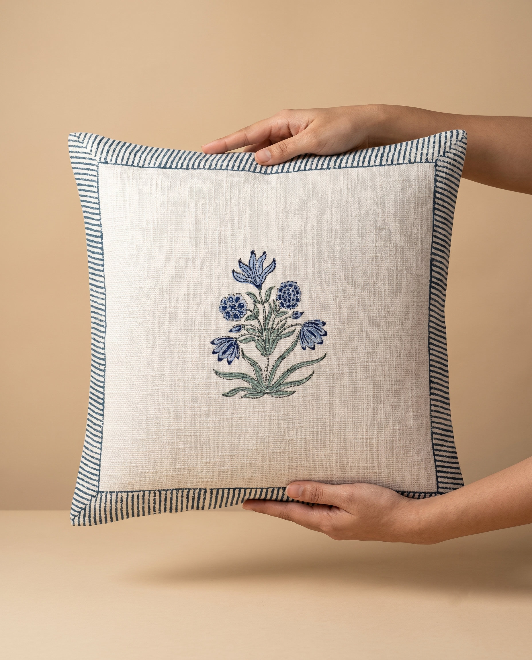 Neel Pushp Classic Handblock Jute Cushion Cover